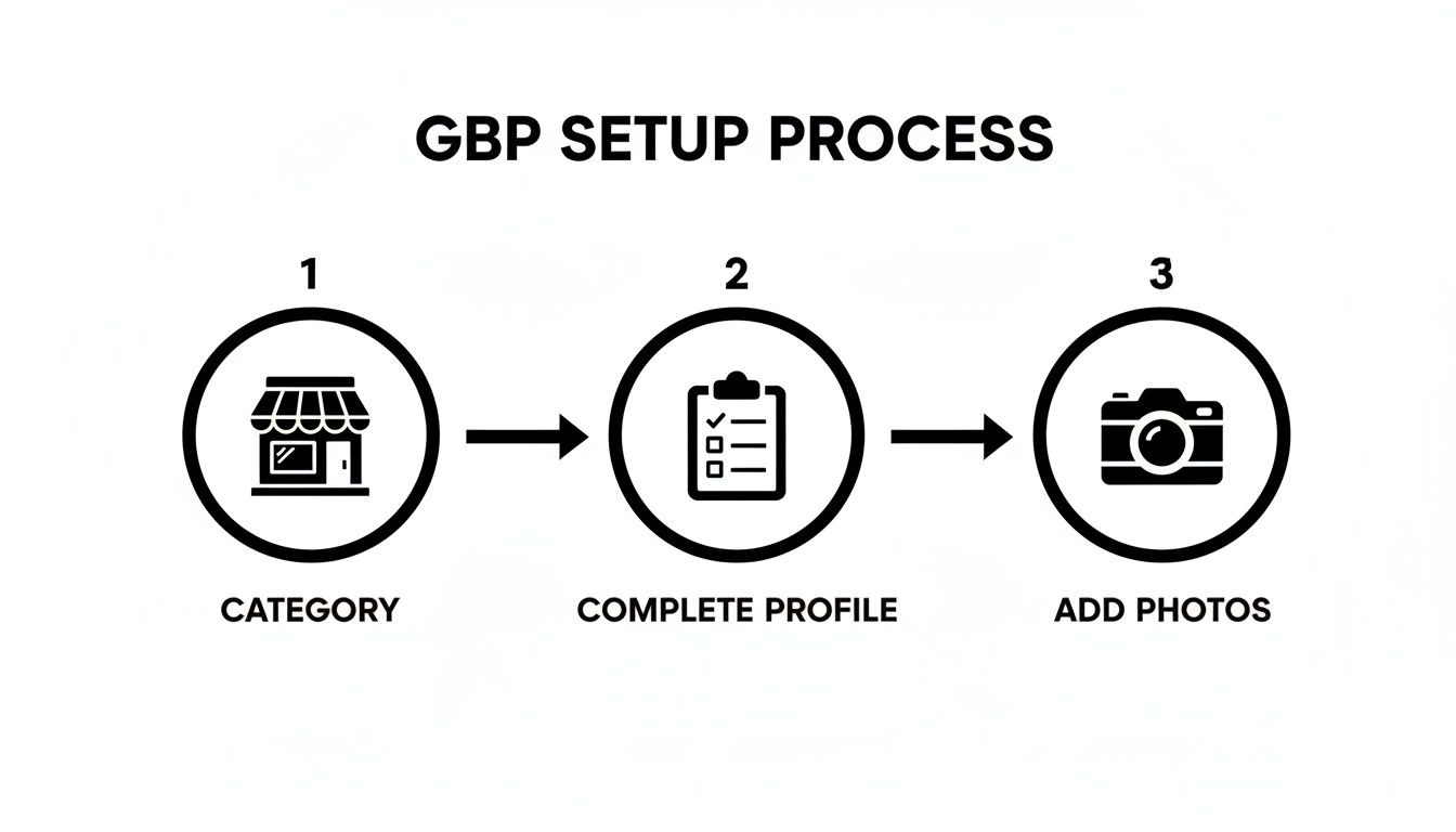 A visual guide to the Google Business Profile setup process, showing steps for category, profile, and photos.