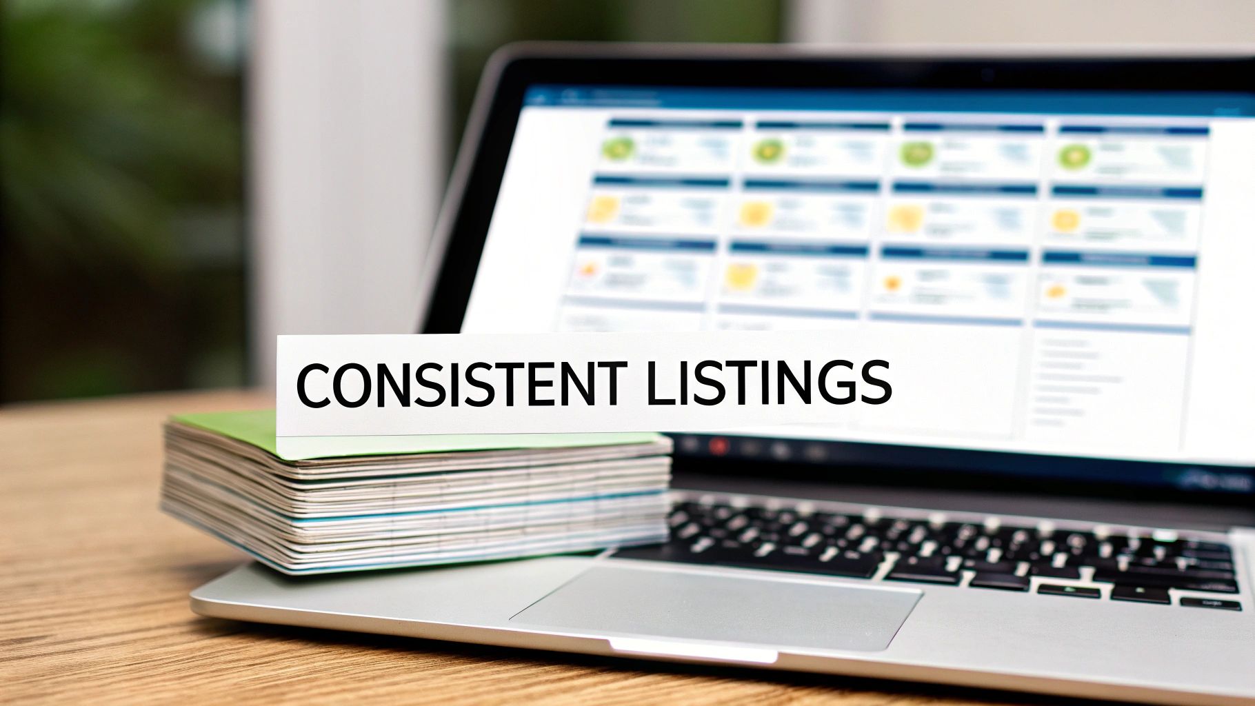 A laptop on a wooden desk with a stack of documents and a sign reading 'CONSISTENT LISTINGS' in front of it.