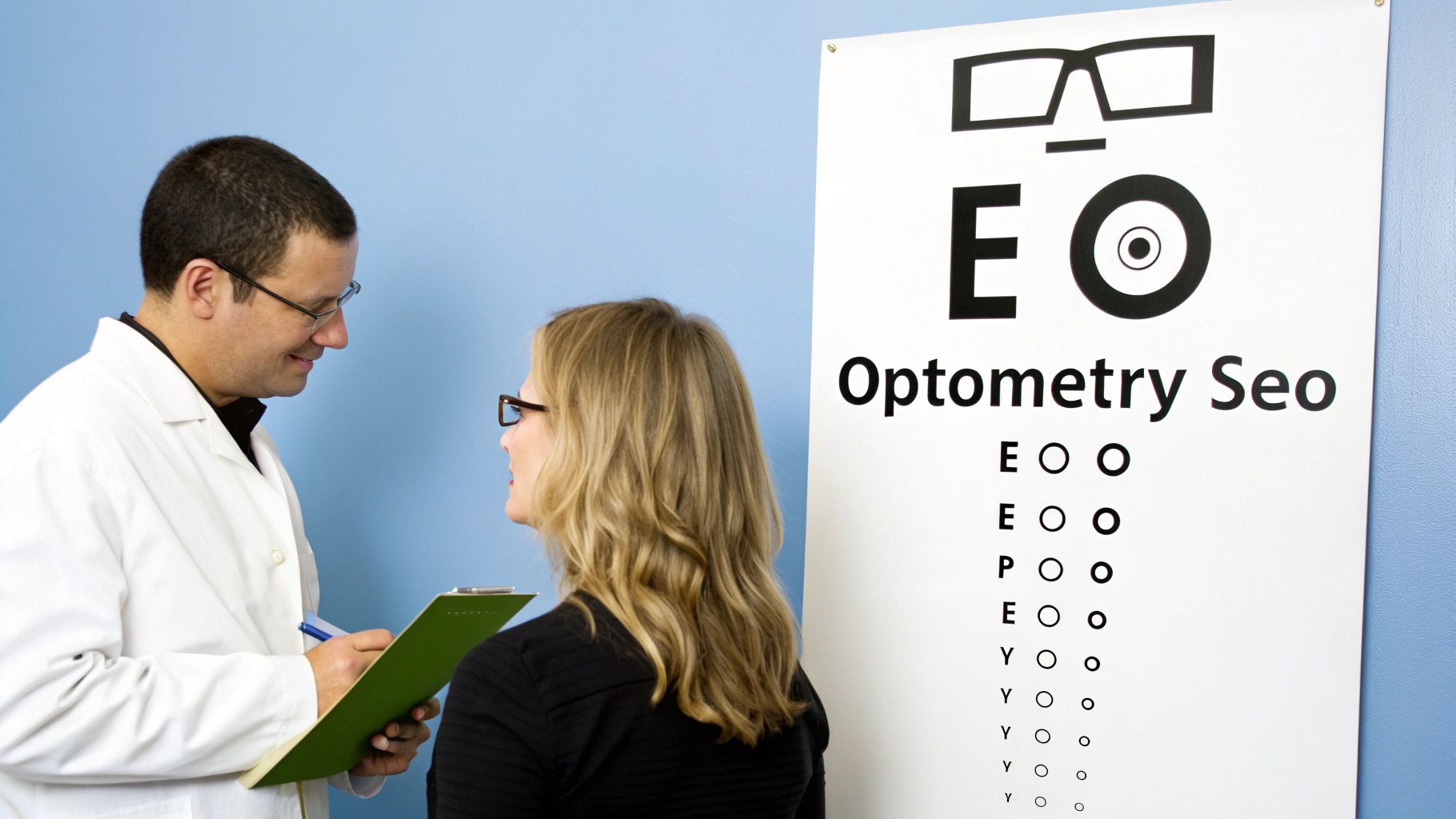 An optometrist assisting a patient with selecting a new pair of eyeglasses.