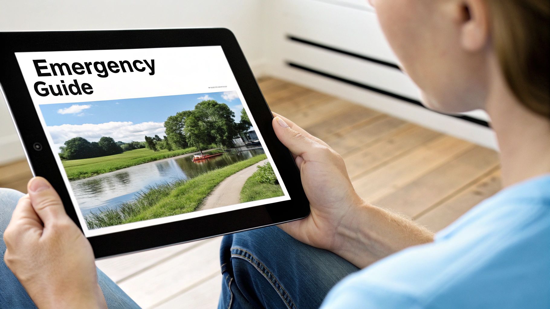 A homeowner urgently using their smartphone in a room with visible water damage.