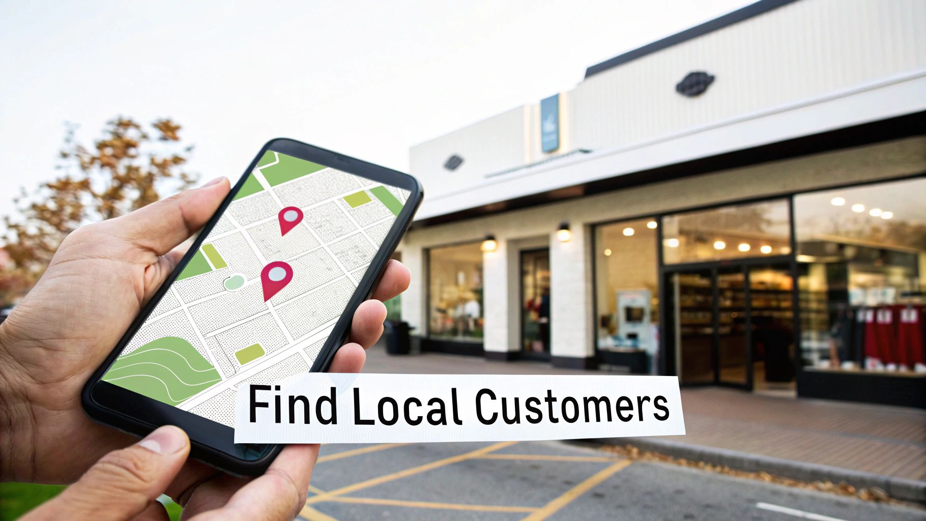 Hands hold a smartphone displaying a map with location pins, with 'Find Local Customers' text over a blurred storefront background.