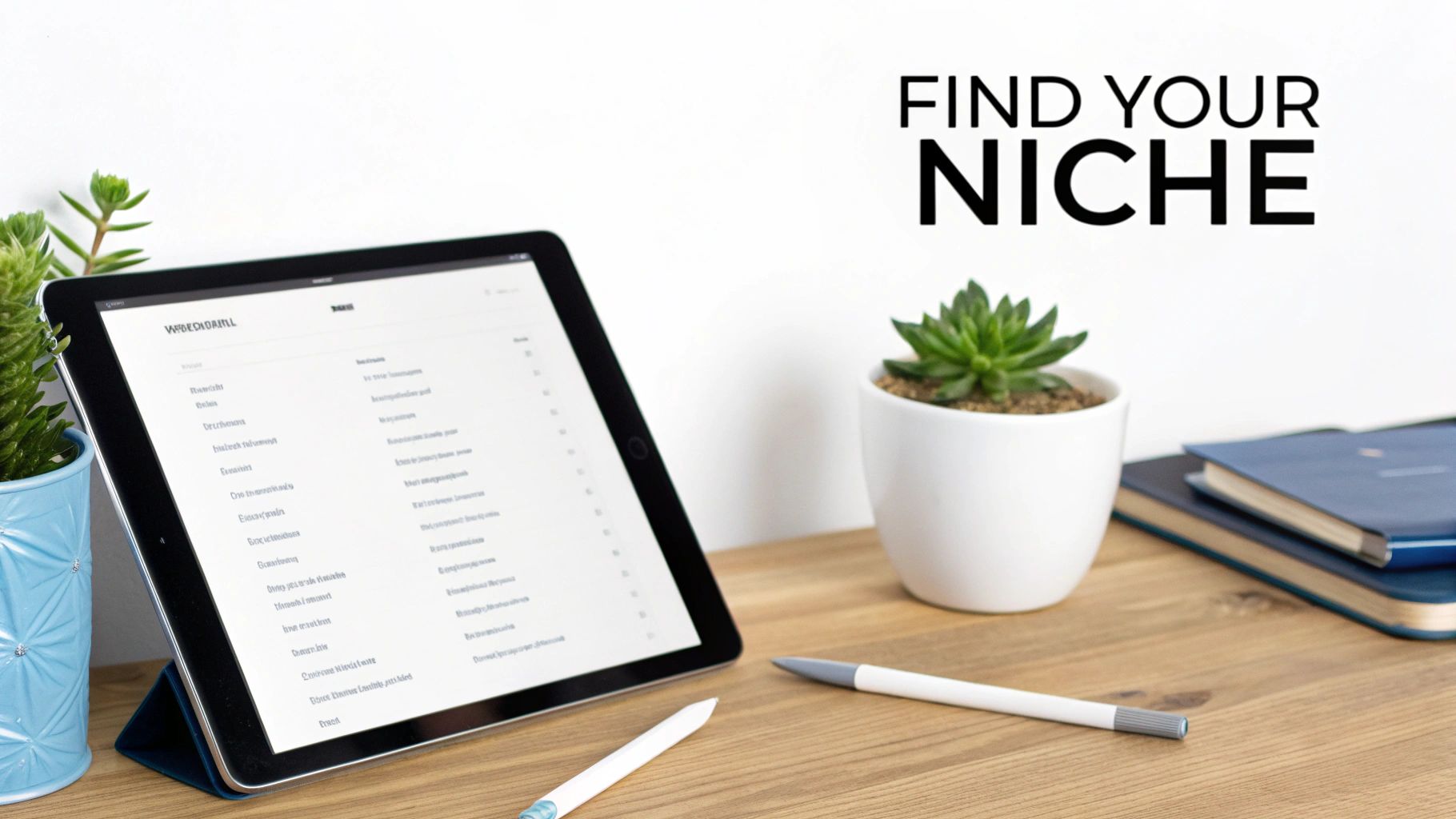 A modern workspace with a tablet showing a list, two pens, potted plants, and notebooks. Text reads 'FIND YOUR NICHE'.