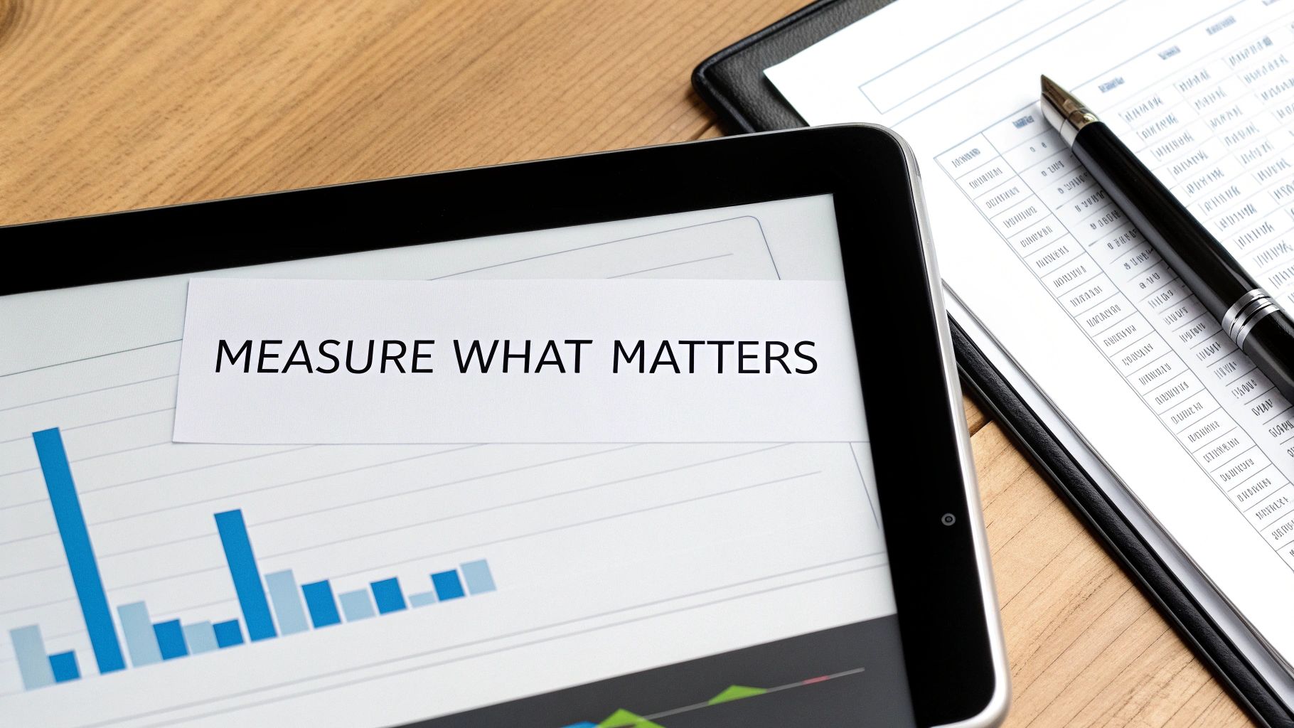 A close-up shot of a computer screen showing various charts and graphs representing business analytics and performance metrics.