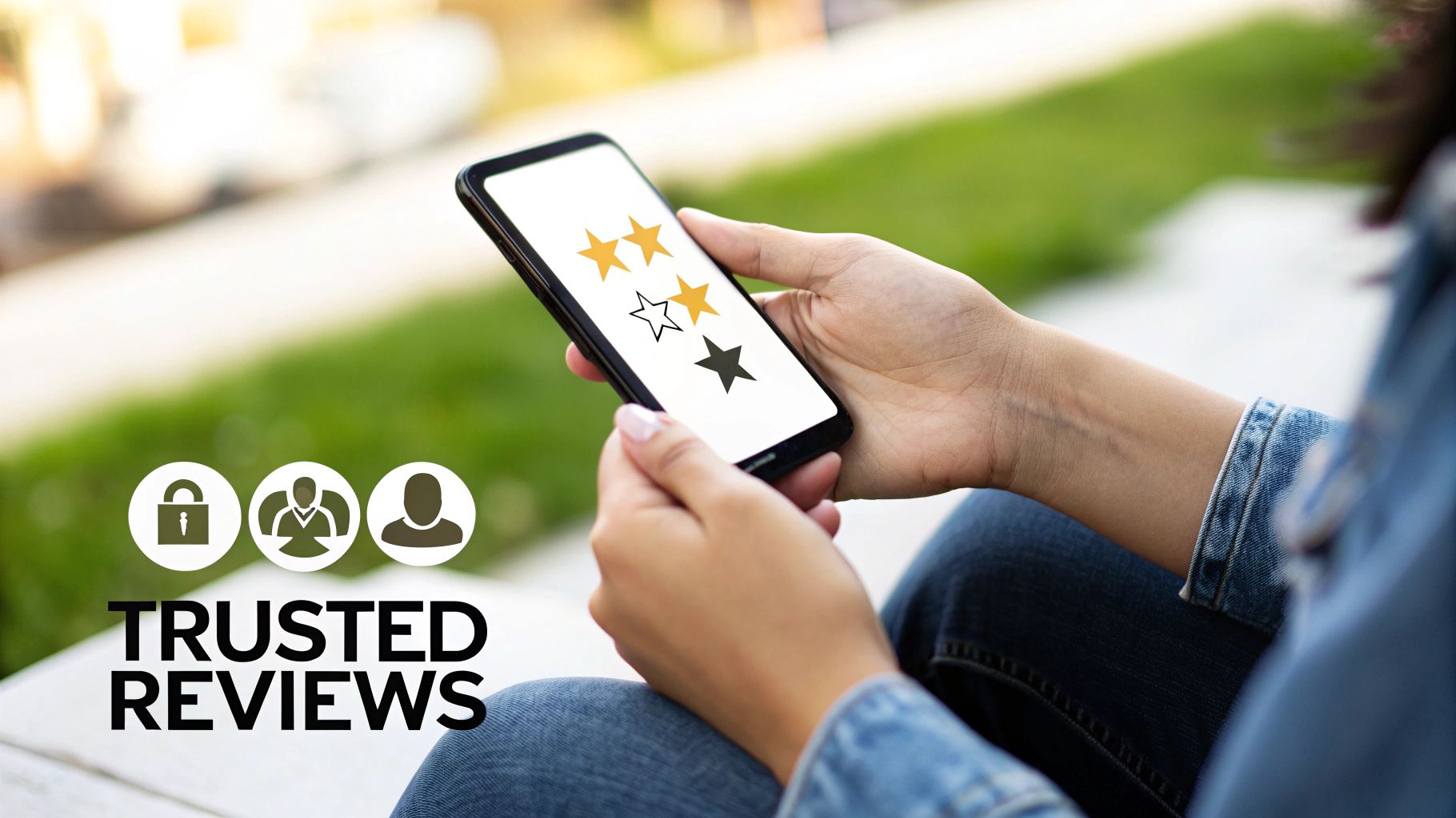 Smartphone showing a 3.5-star rating and "TRUSTED REVIEWS" text, emphasizing secure user feedback.