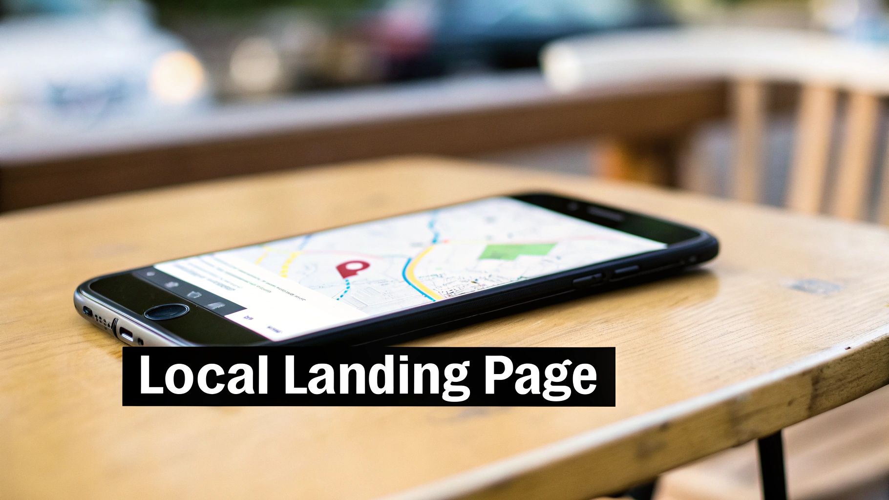 A smartphone on a wooden table displays a map application with a prominent red location pin.