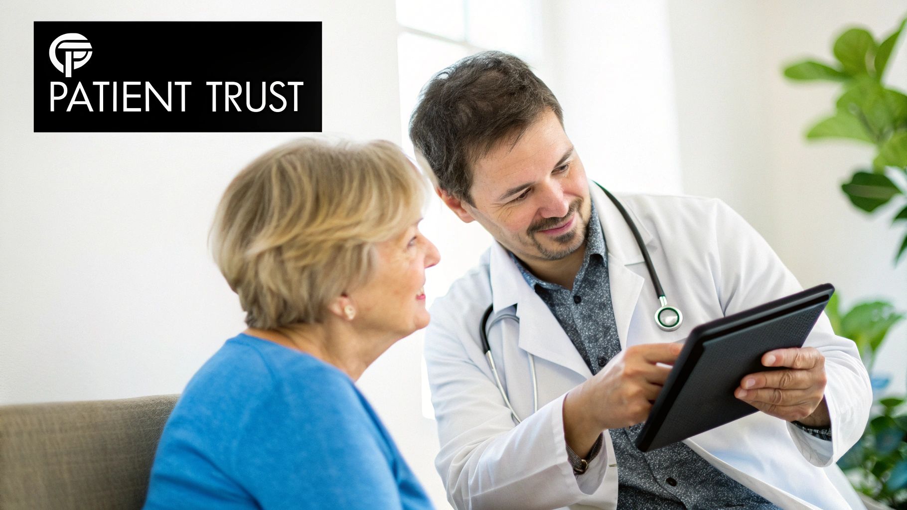 A doctor reviewing patient information on a tablet in a modern medical office.
