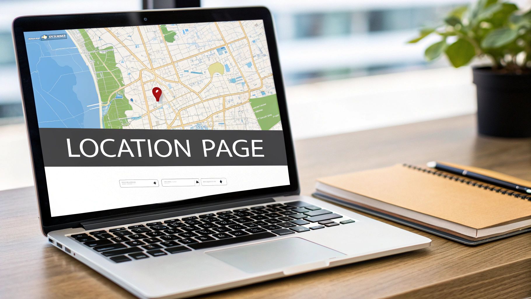 A laptop on a wooden desk displaying a map with a red location pin and 'LOCATION PAGE' text.