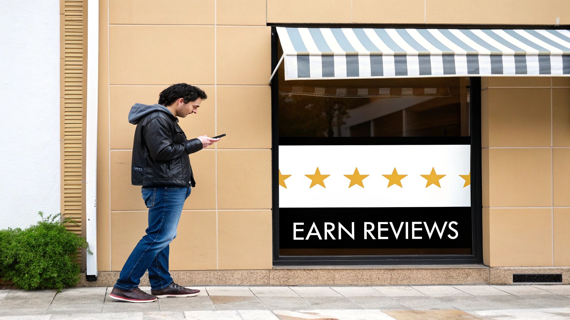 A man looking at his phone walks past a storefront window displaying a 'EARN REVIEWS' sign and five stars.