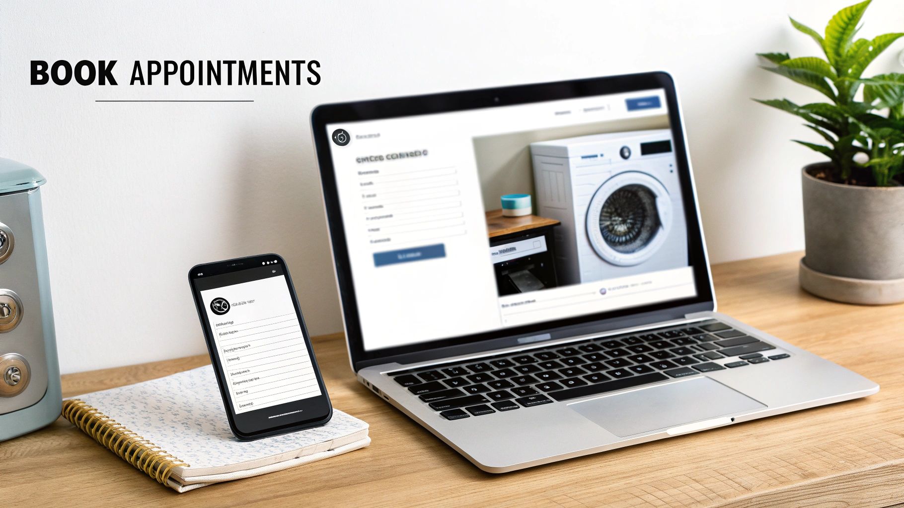 A five-star rating icon is highlighted on a smartphone screen, showing a positive customer review for an appliance repair service.