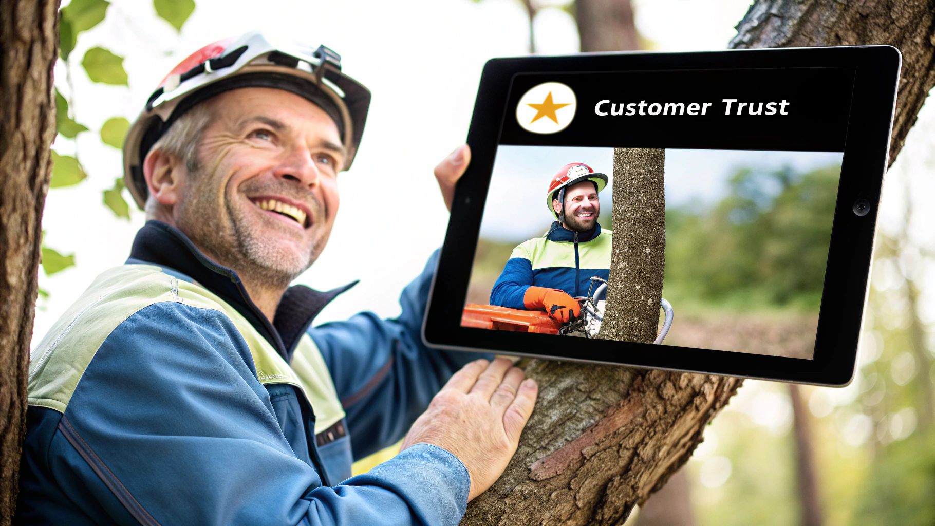 A customer leaving a five-star review for a tree service on a smartphone, with a backdrop of a beautifully maintained garden.