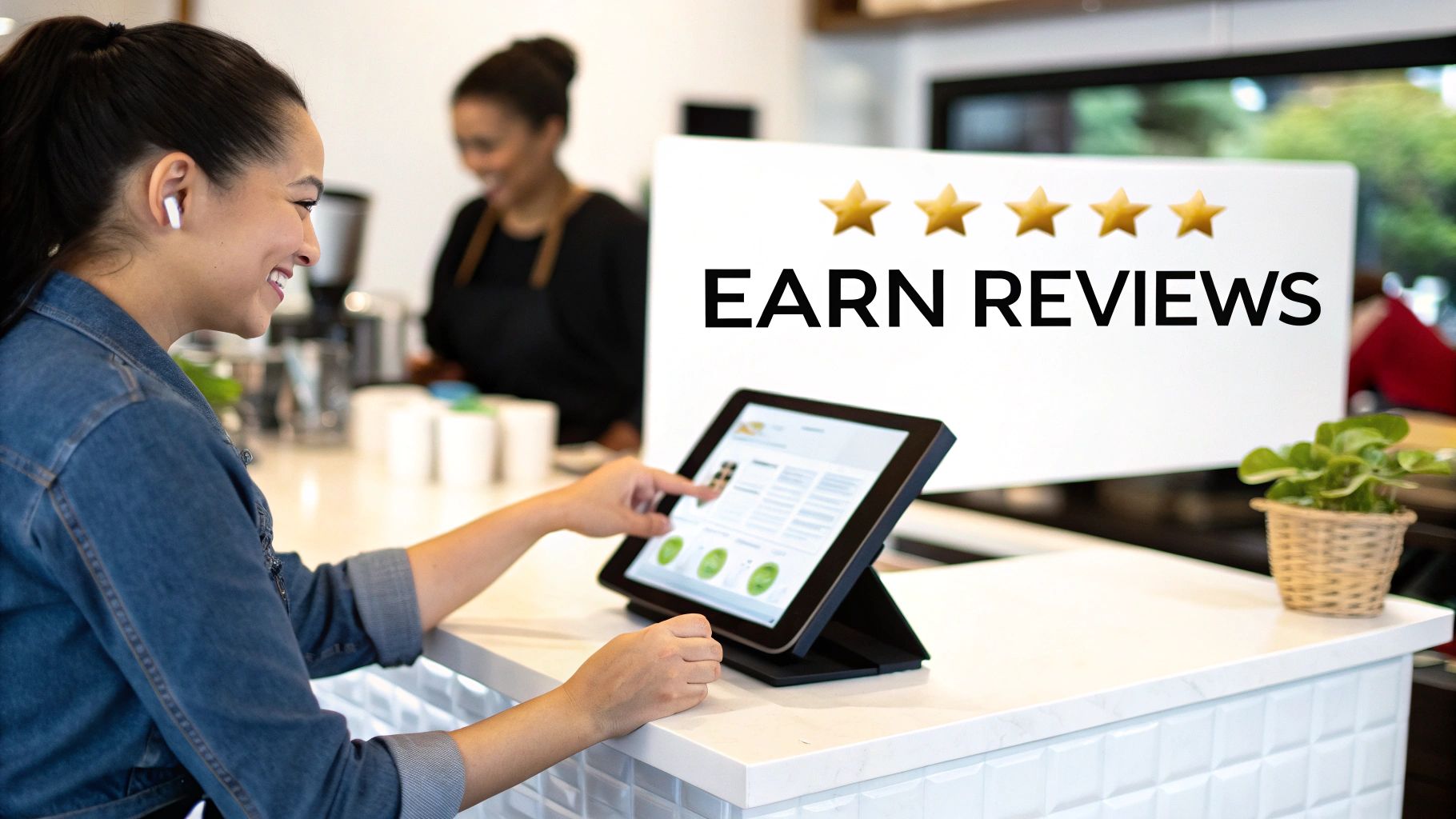 Business owner using tablet to manage online reviews with five star rating display