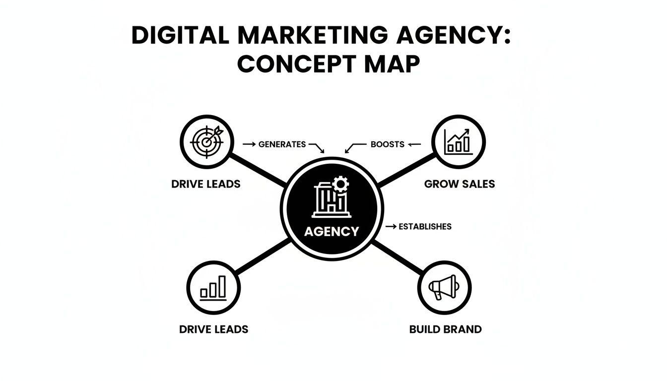 A concept map illustrates a digital marketing agency's core functions: driving leads, growing sales, and building brand.