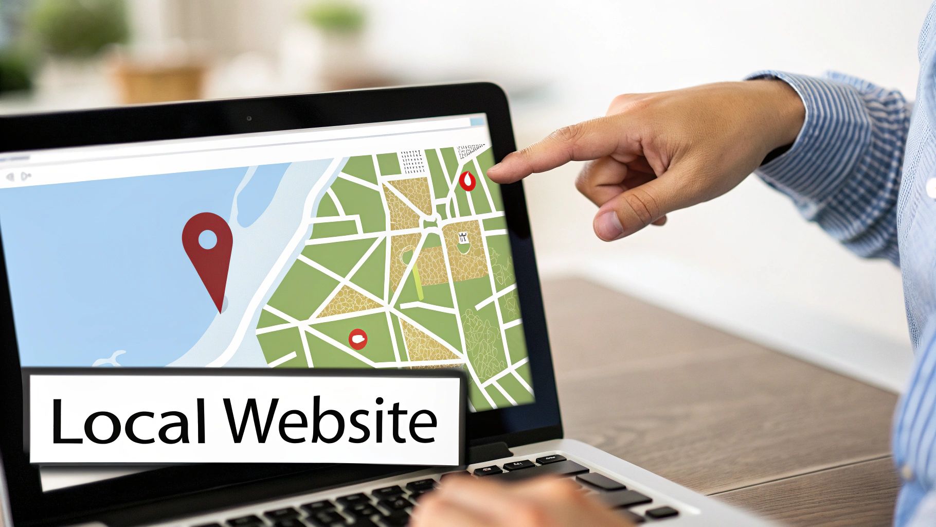 Person pointing at local business map locations on laptop screen showing website optimization