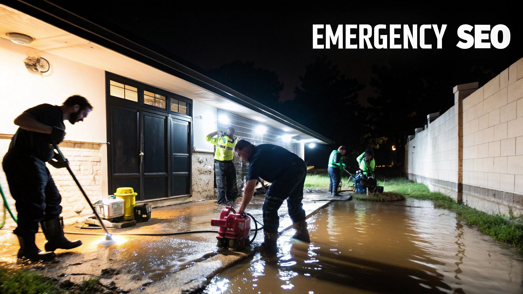 A team of restoration professionals working together in a water-damaged property, showcasing the urgency and teamwork required in the industry.