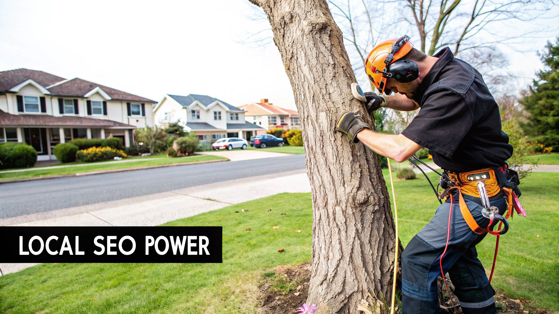 A professional tree surgeon safely cutting down a large tree with proper equipment in a residential area.