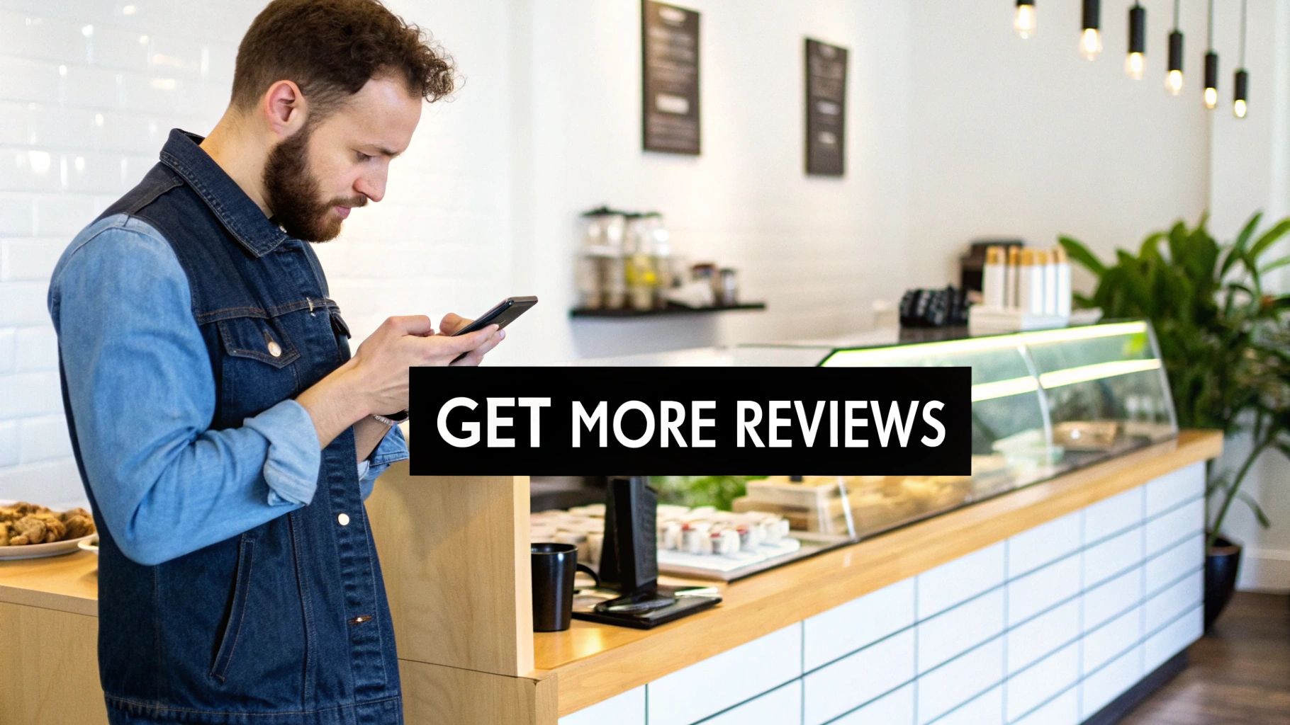 A bearded man in a modern cafe looking at his phone, promoting 'GET MORE REVIEWS'.