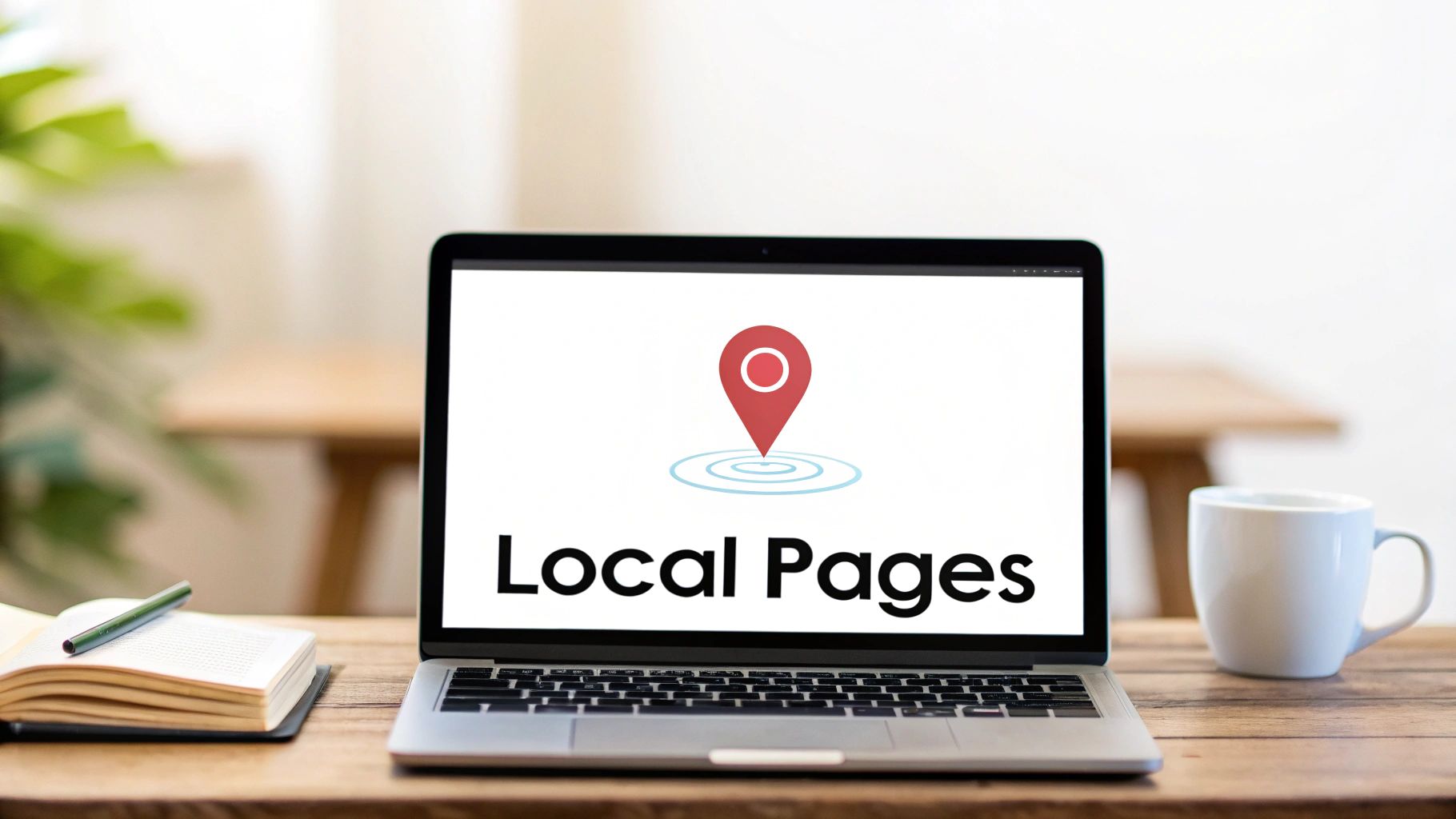A laptop displaying 'Local Pages' with a location pin icon, next to a notebook and coffee on a wooden desk.