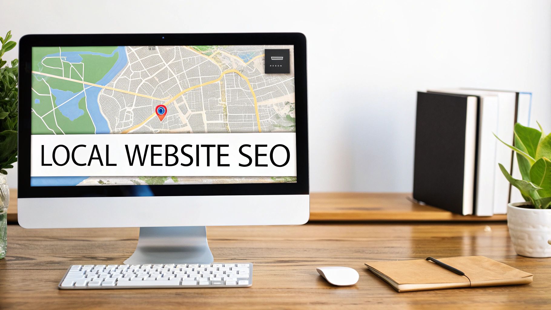 A desktop computer displays 'LOCAL WEBSITE SEO' text over a map with a red pin, suggesting local search optimization.