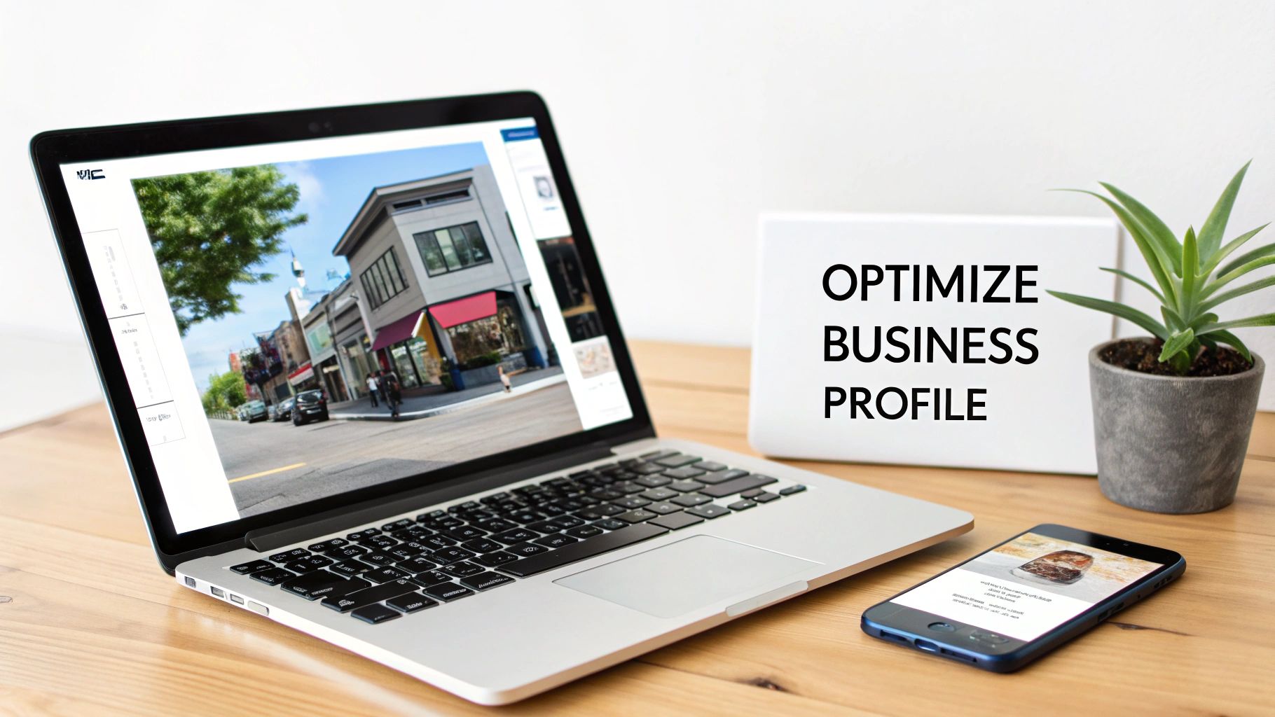 A laptop displaying a street scene, a smartphone, and a sign 'OPTIMIZE BUSINESS PROFILE' on a desk.