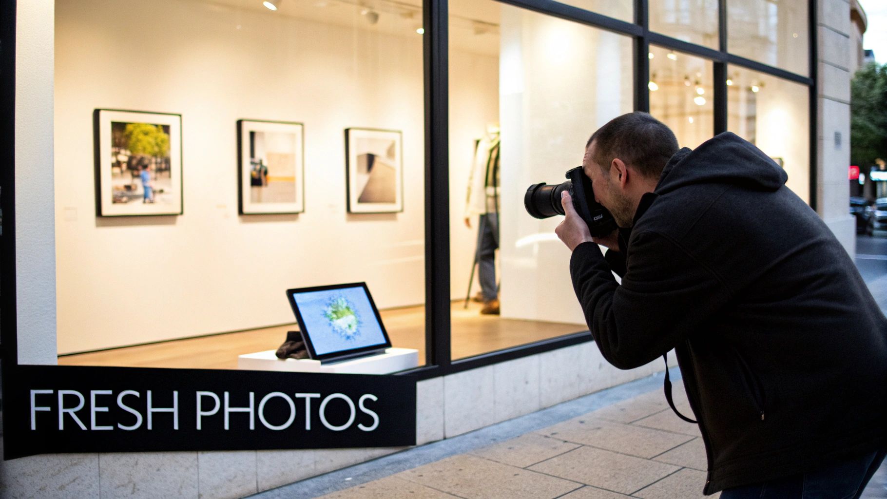 A photographer captures a storefront display featuring "FRESH PHOTOS", framed art, and a laptop.