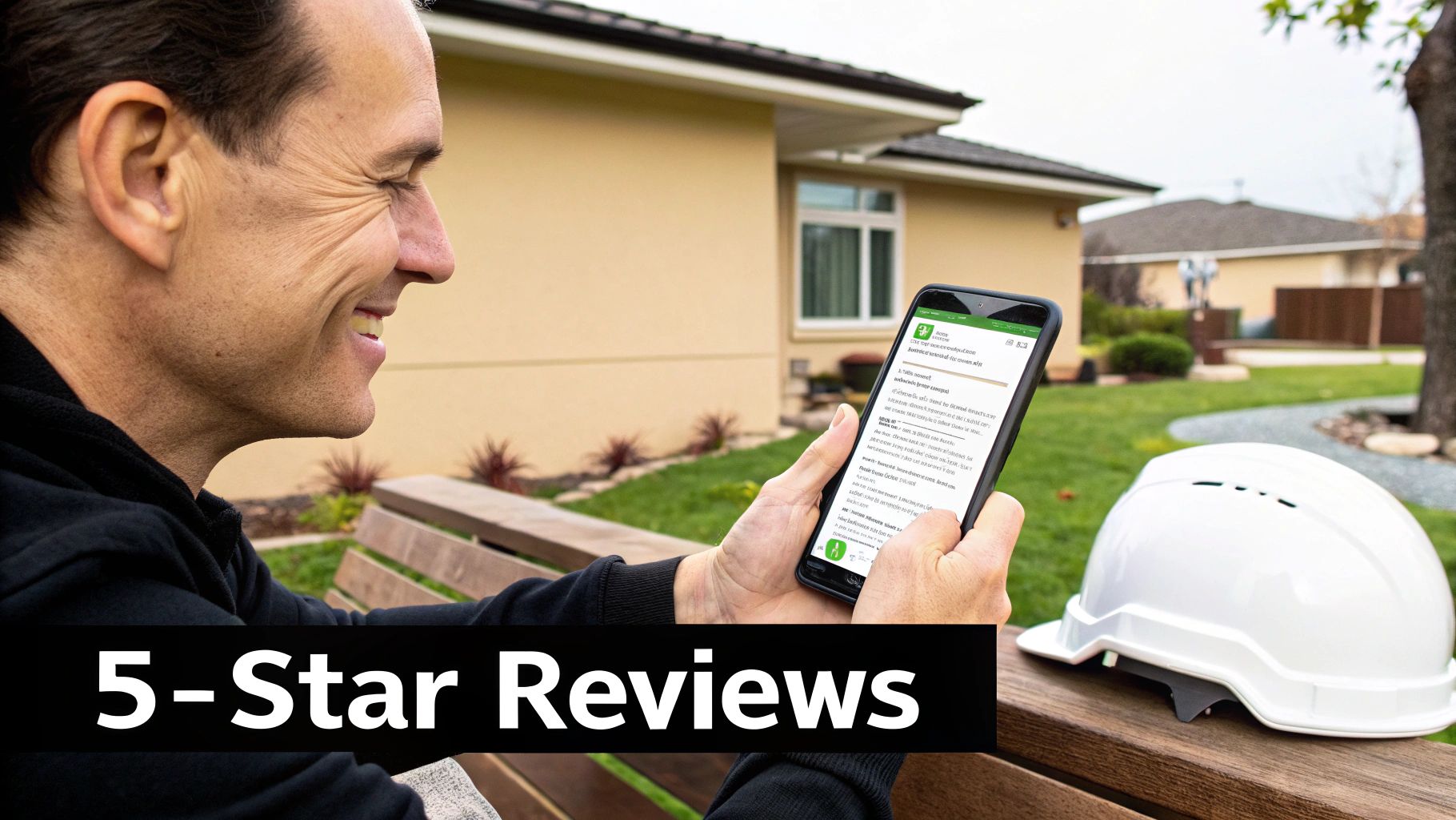 A five-star review for a tree service company shown on a smartphone.