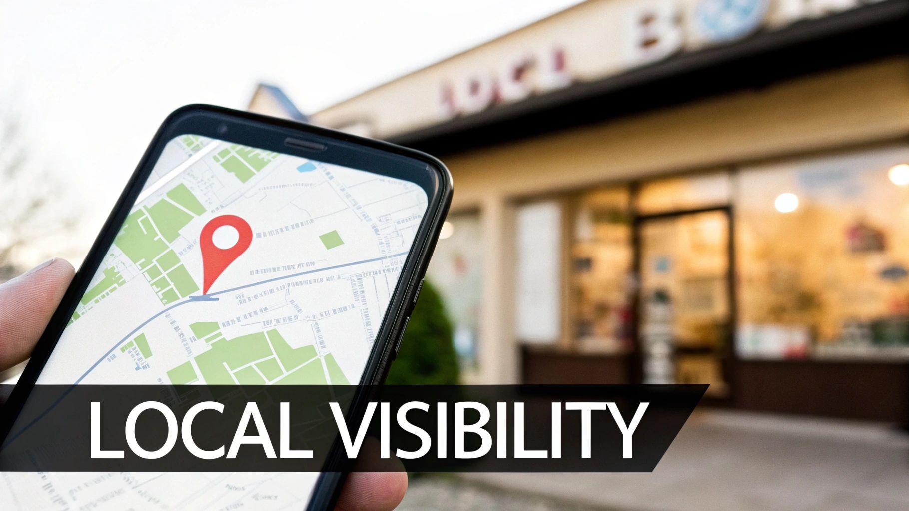 Hand holding smartphone displaying a map with a red location pin, with 'LOCAL VISIBILITY' text overlay.