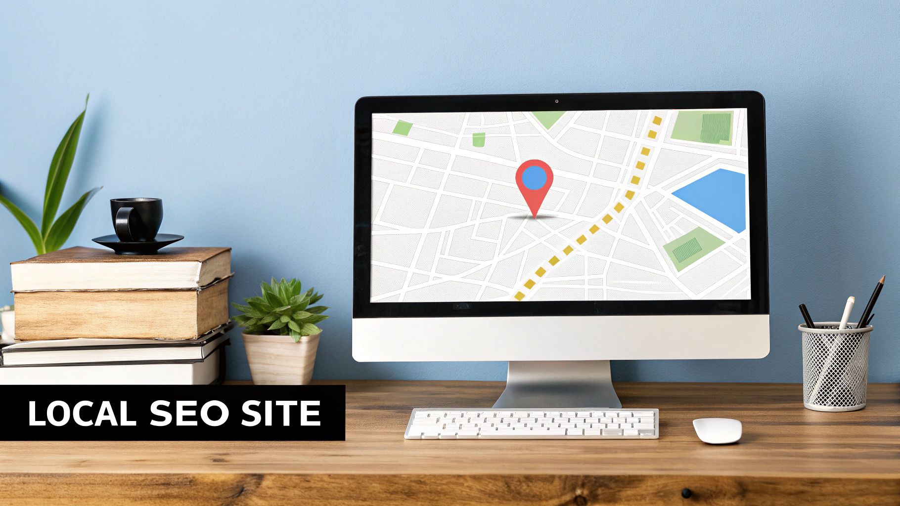 A diagram showing a website and a Google Maps pin connected by arrows, symbolizing alignment.