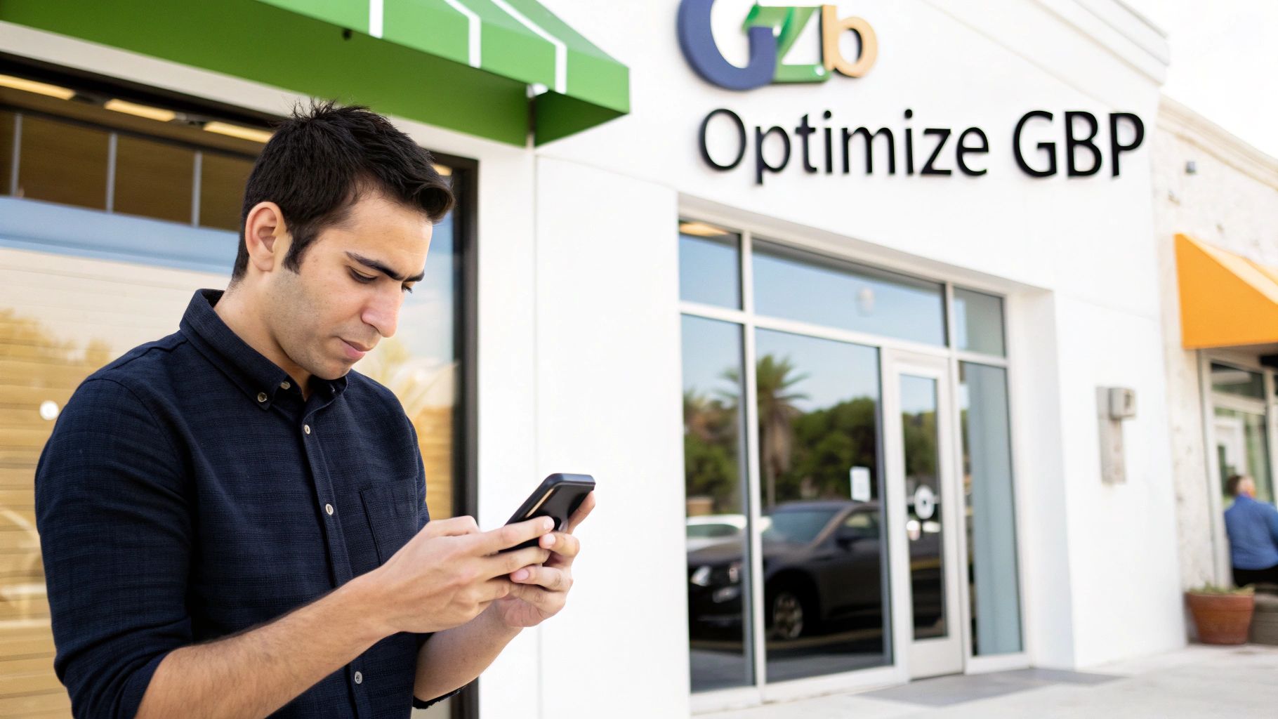 Business owner using smartphone outside Optimize GBP storefront for Google Maps optimization