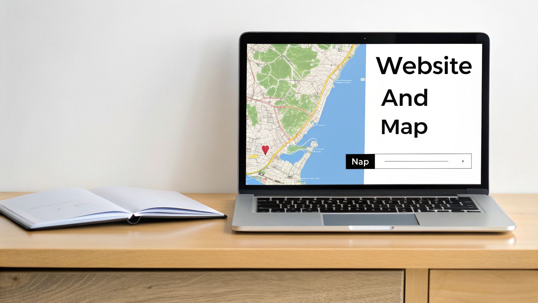 A laptop displaying a map and the text 'Website And Map' next to an open notebook on a wooden desk.