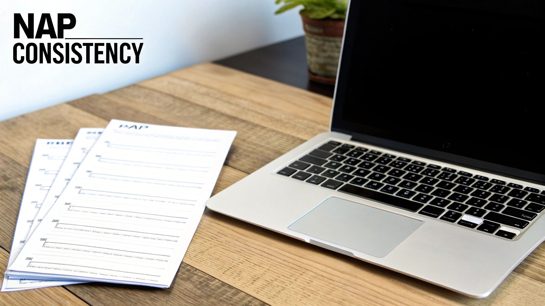 A silver laptop and stacked papers on a wooden desk with 'NAP CONSISTENCY' text.