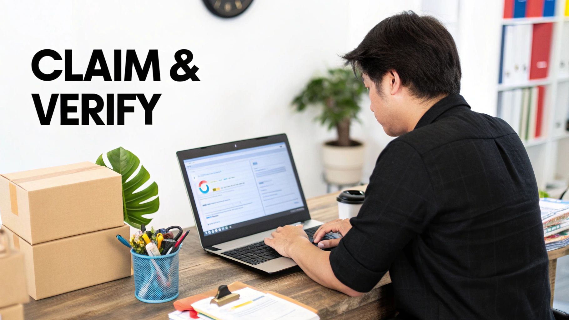 A person is verifying information on a laptop at a desk with boxes and office supplies.