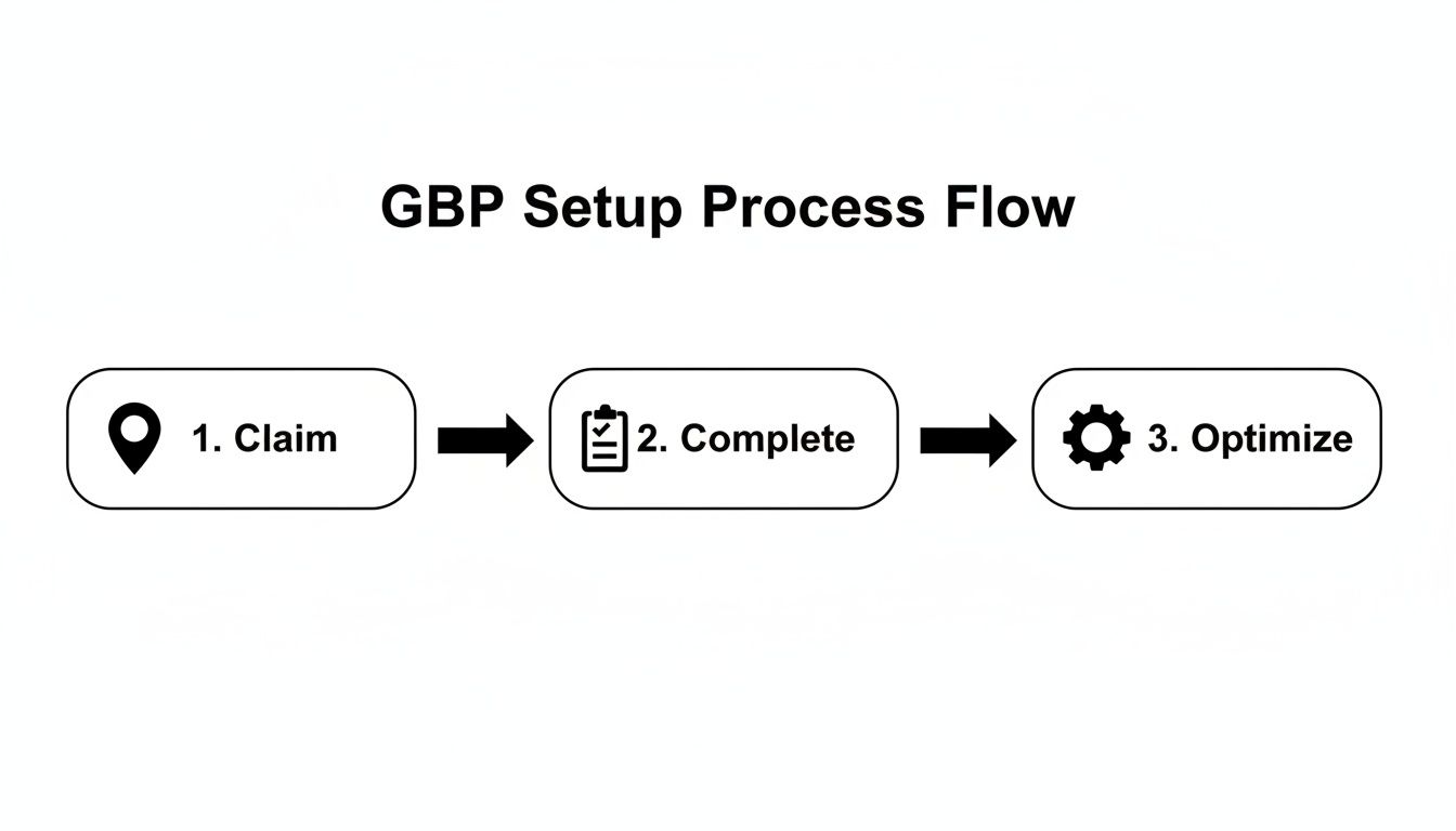 A flowchart illustrates the Google Business Profile setup process, showing steps: Claim, Complete, Optimize.
