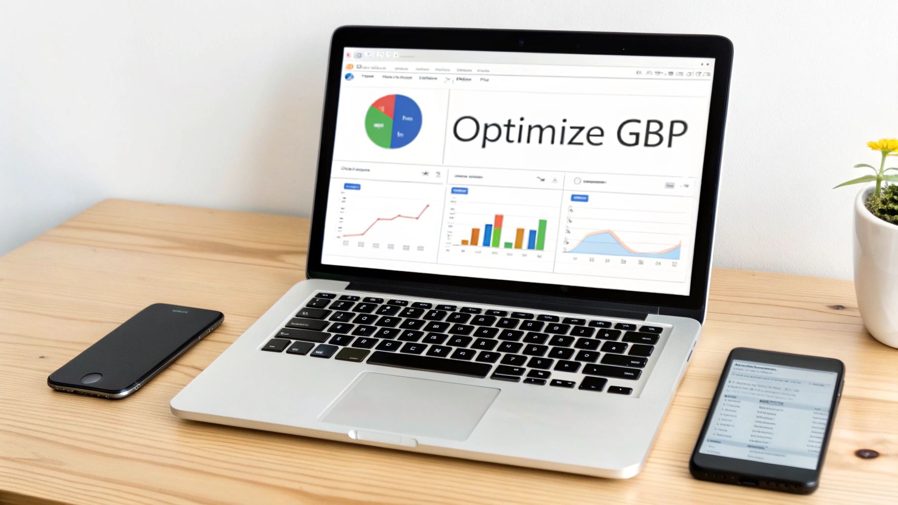 A laptop displaying a business optimization dashboard with charts, alongside two smartphones on a wooden desk.