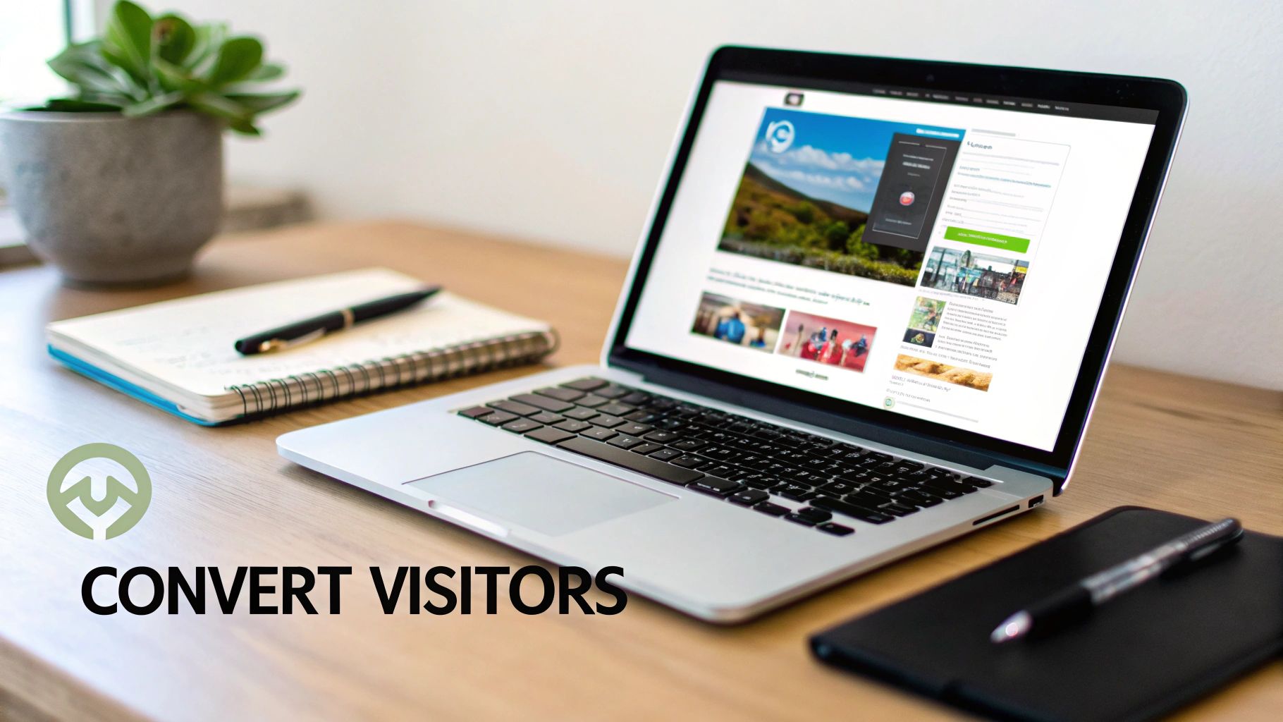 A modern workspace with a laptop displaying a website, a notepad, pen, and a plant on a wooden desk, emphasizing visitor conversion.