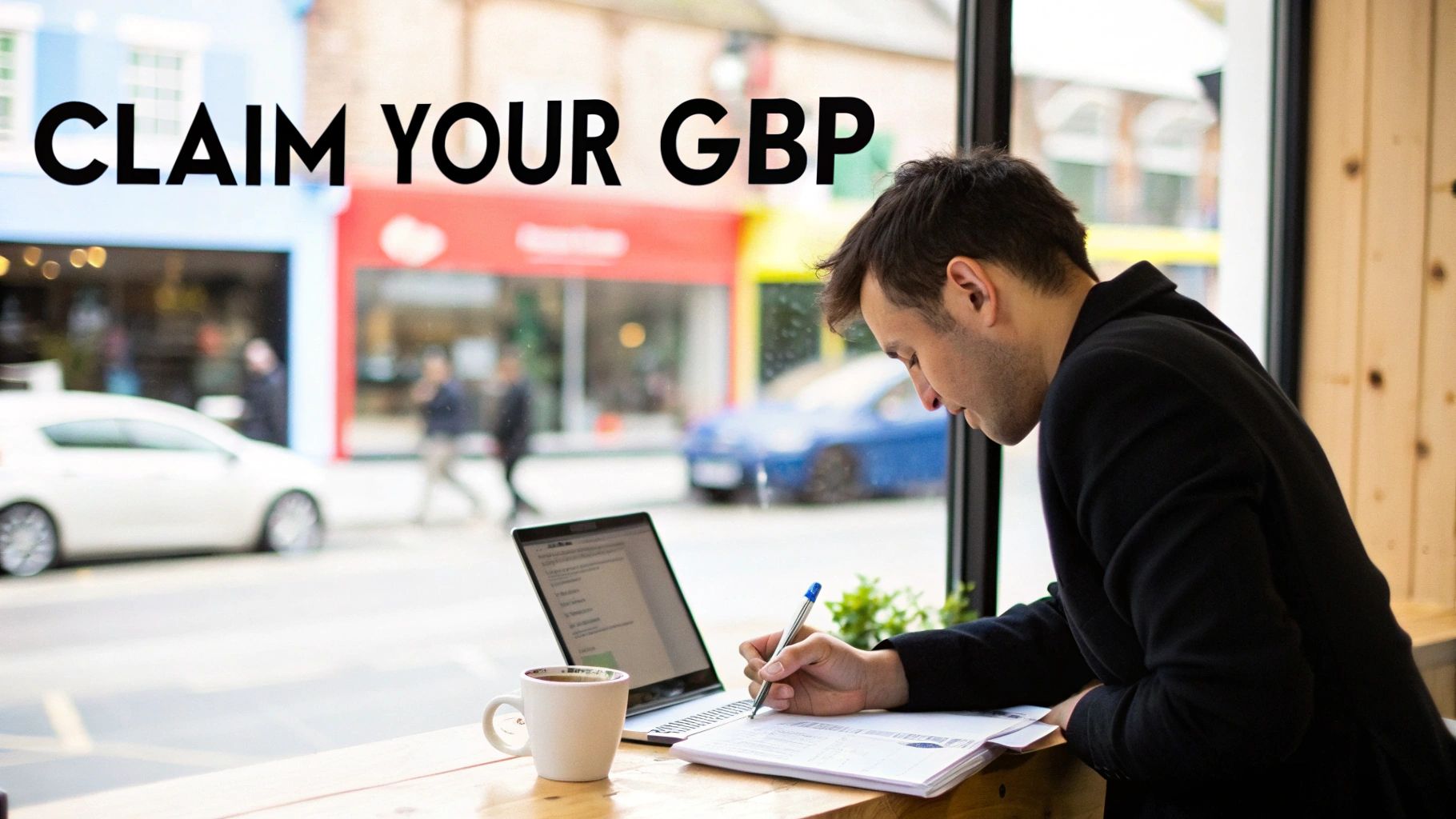 Man working on laptop and writing, with 'CLAIM YOUR GBP' text prominently displayed on the window.