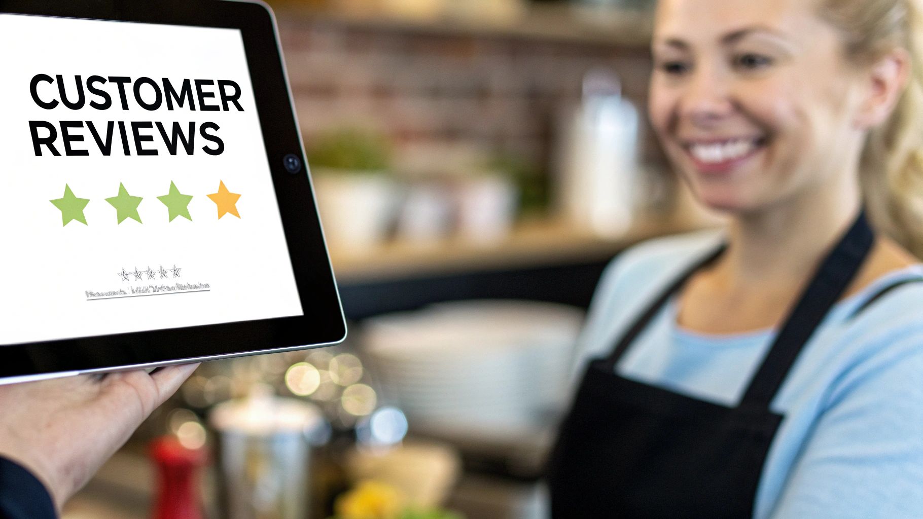 A hand holds a tablet displaying customer reviews with a 3.5-star rating, next to a smiling server.