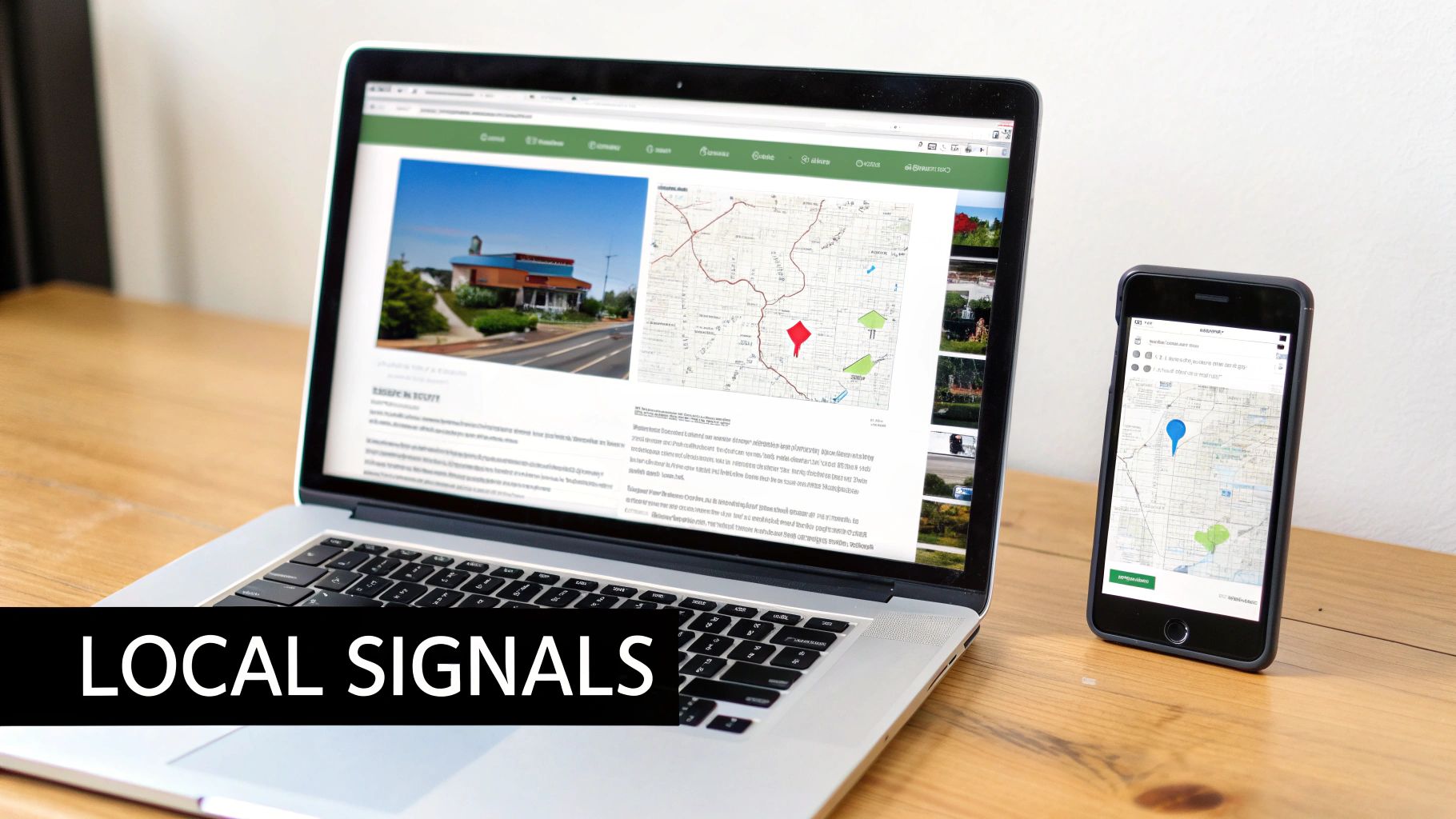 Laptop and smartphone displaying local maps with location markers on a wooden desk.