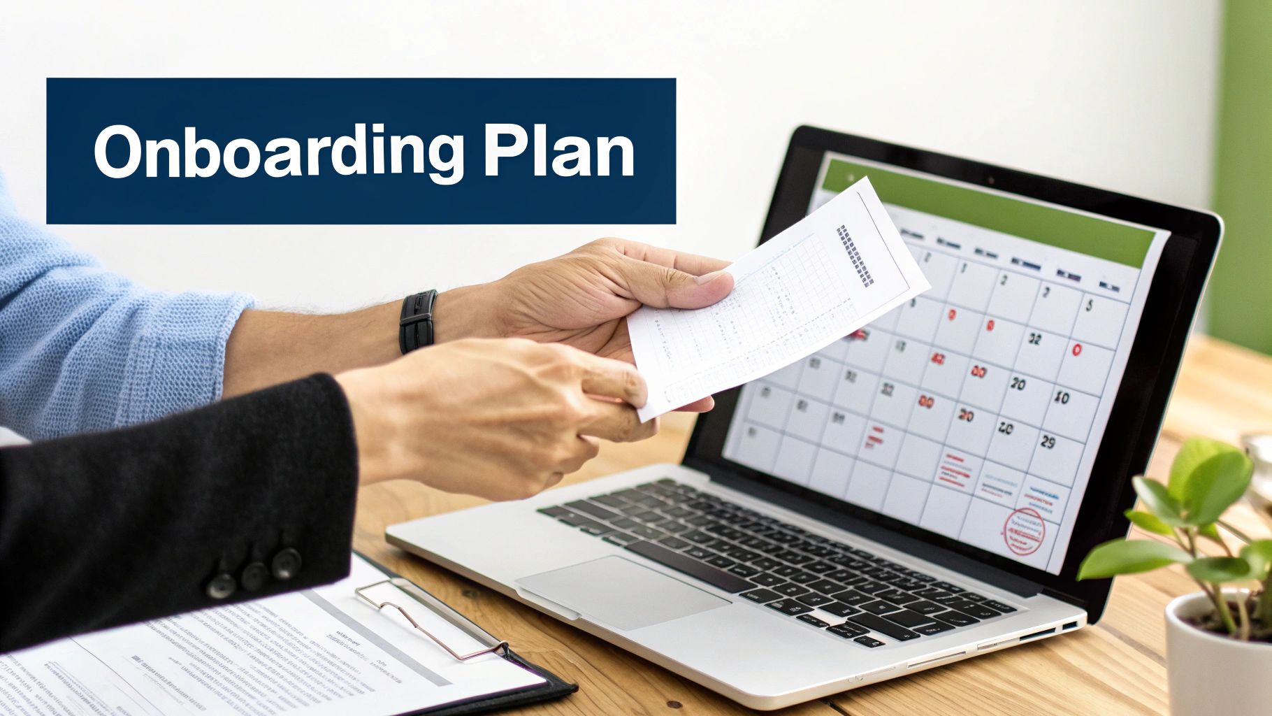 Two people discussing an onboarding plan with documents and a laptop showing a calendar.