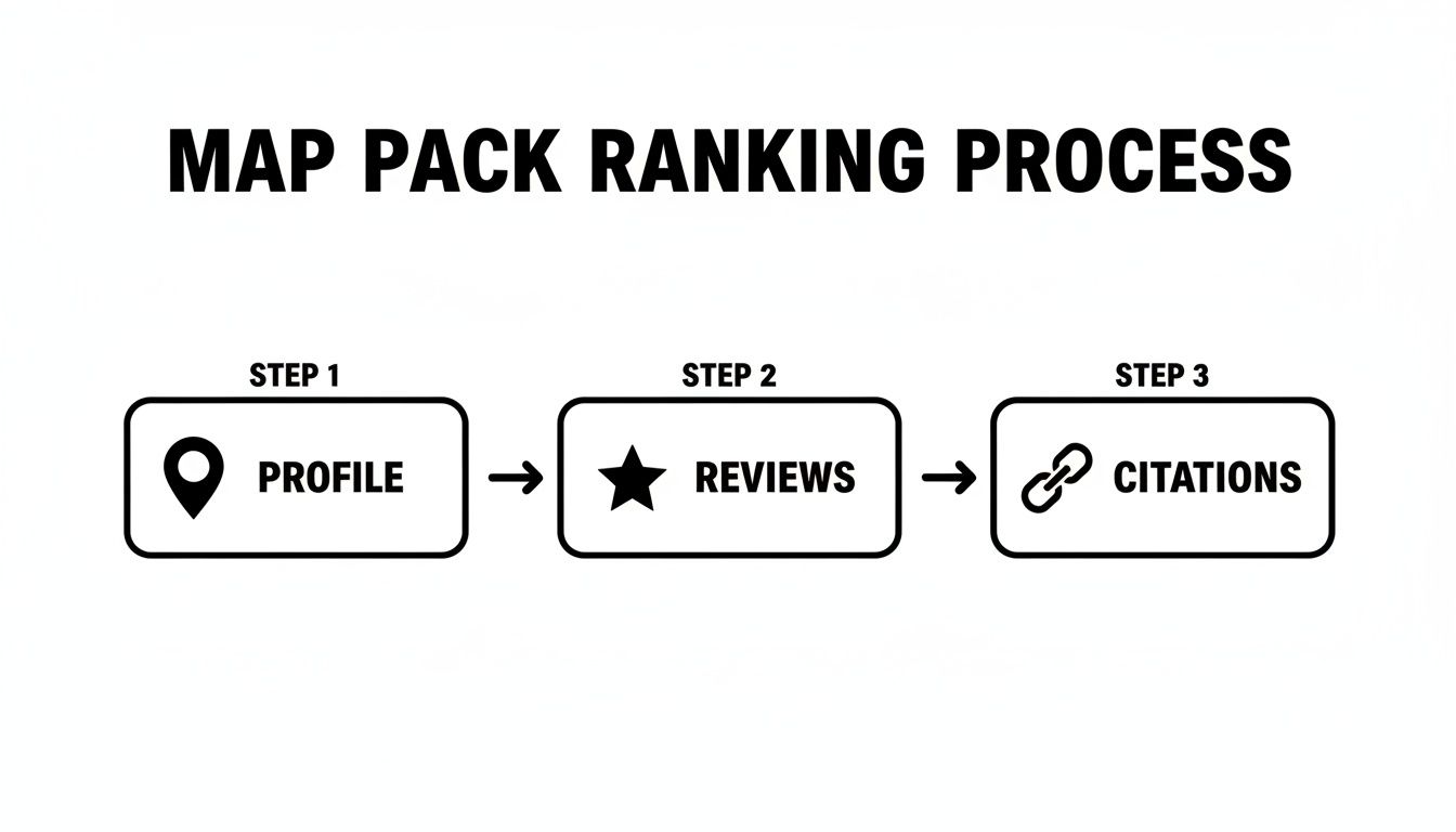A flowchart illustrates the Google Map Pack ranking process, detailing steps like profile, reviews, and citations.