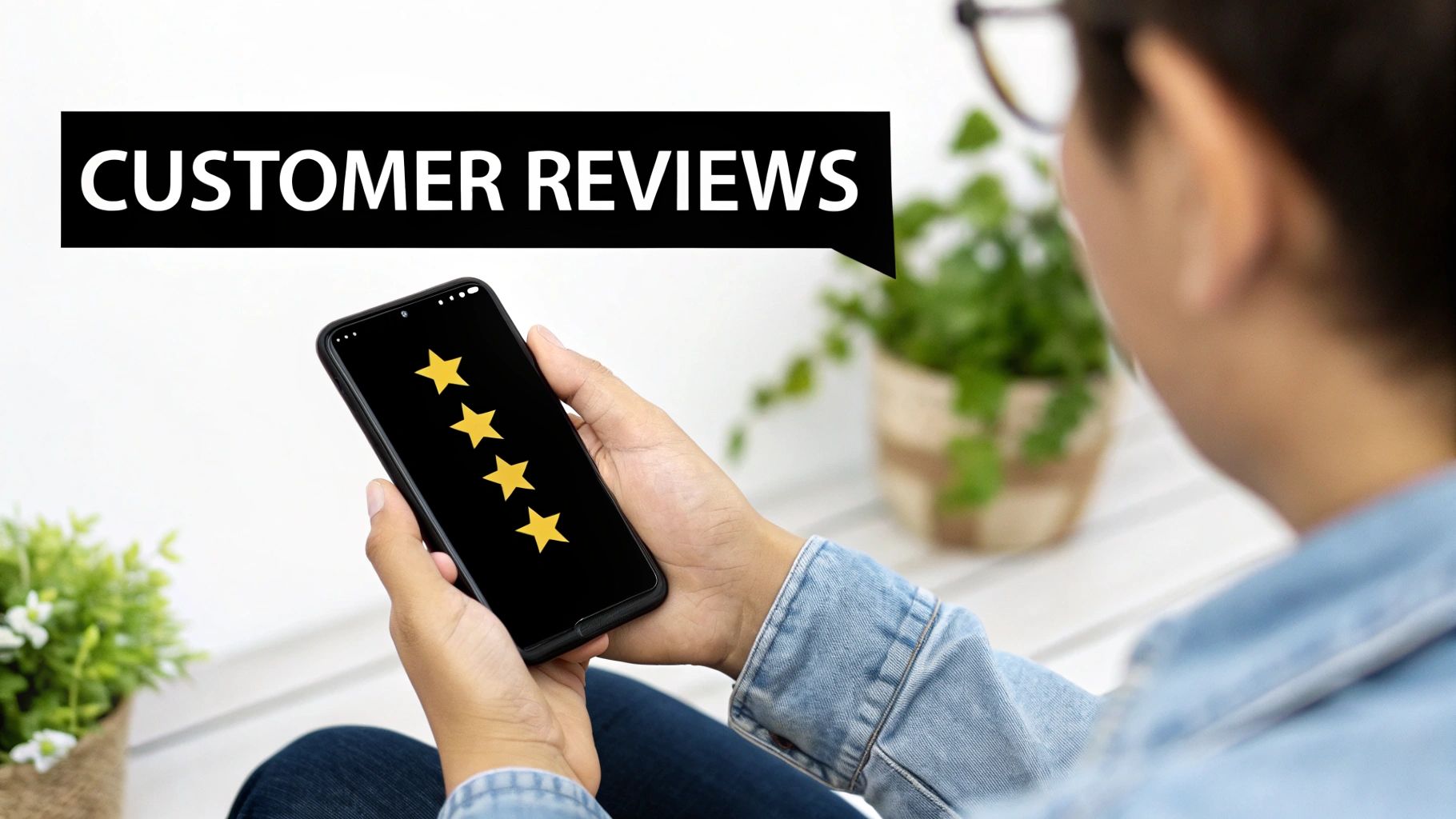 A person holds a smartphone displaying four stars for customer reviews, with 'CUSTOMER REVIEWS' text in a speech bubble.