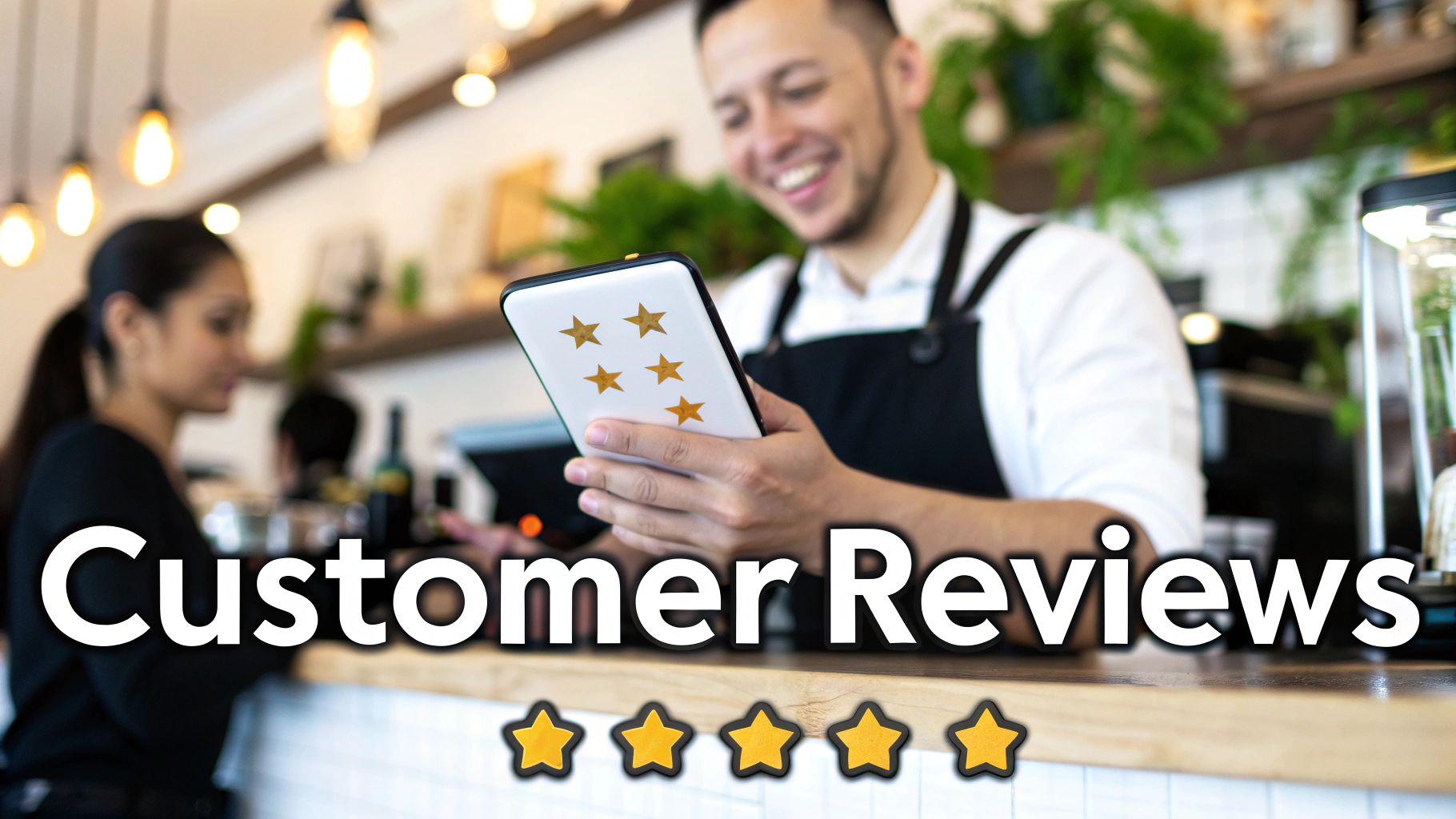 A smiling barista shows a phone with five golden stars, indicating excellent customer reviews and ratings.