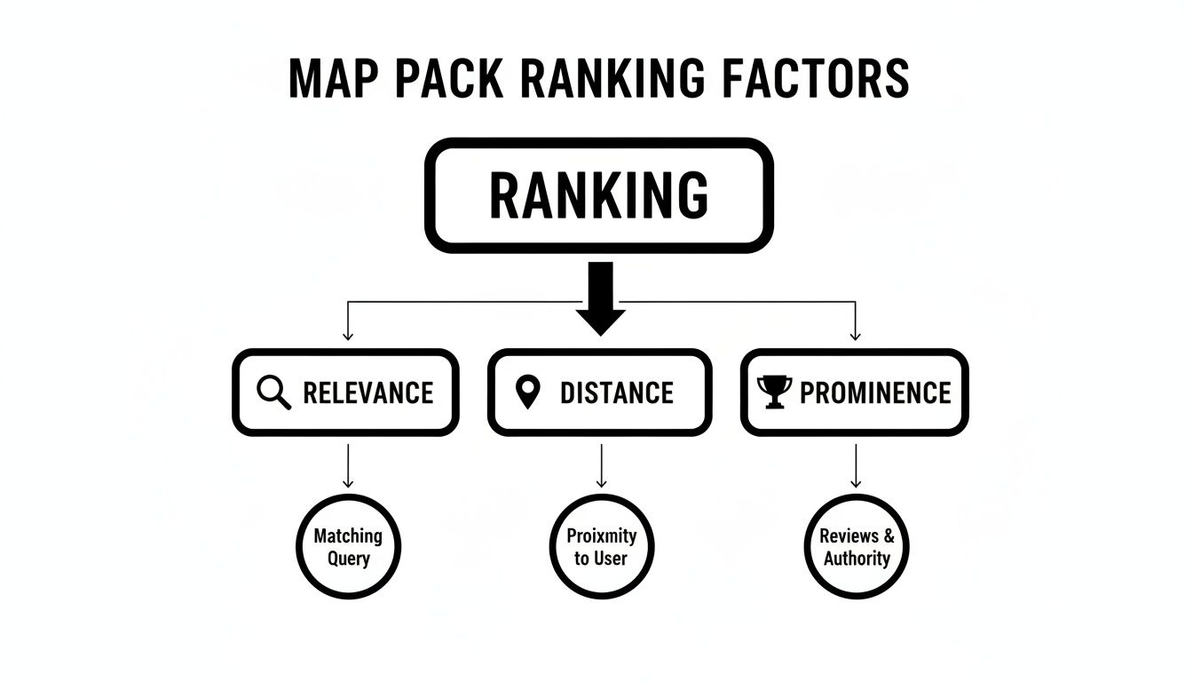 Flowchart illustrating the key factors influencing Google Map Pack ranking: relevance, distance, and prominence.