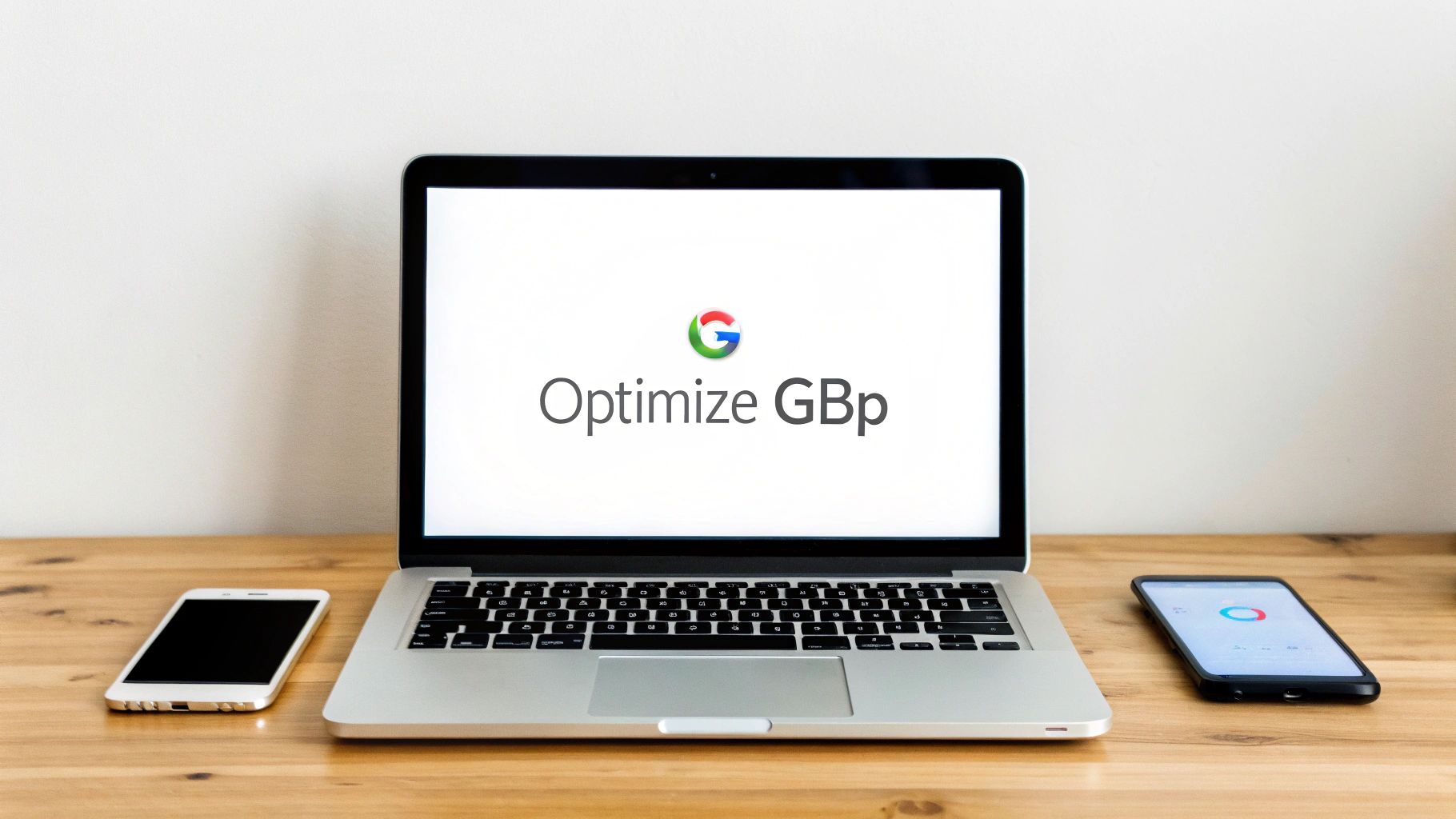 A laptop displaying 'Optimize GBp' with a Google logo, flanked by two smartphones on a wooden desk.