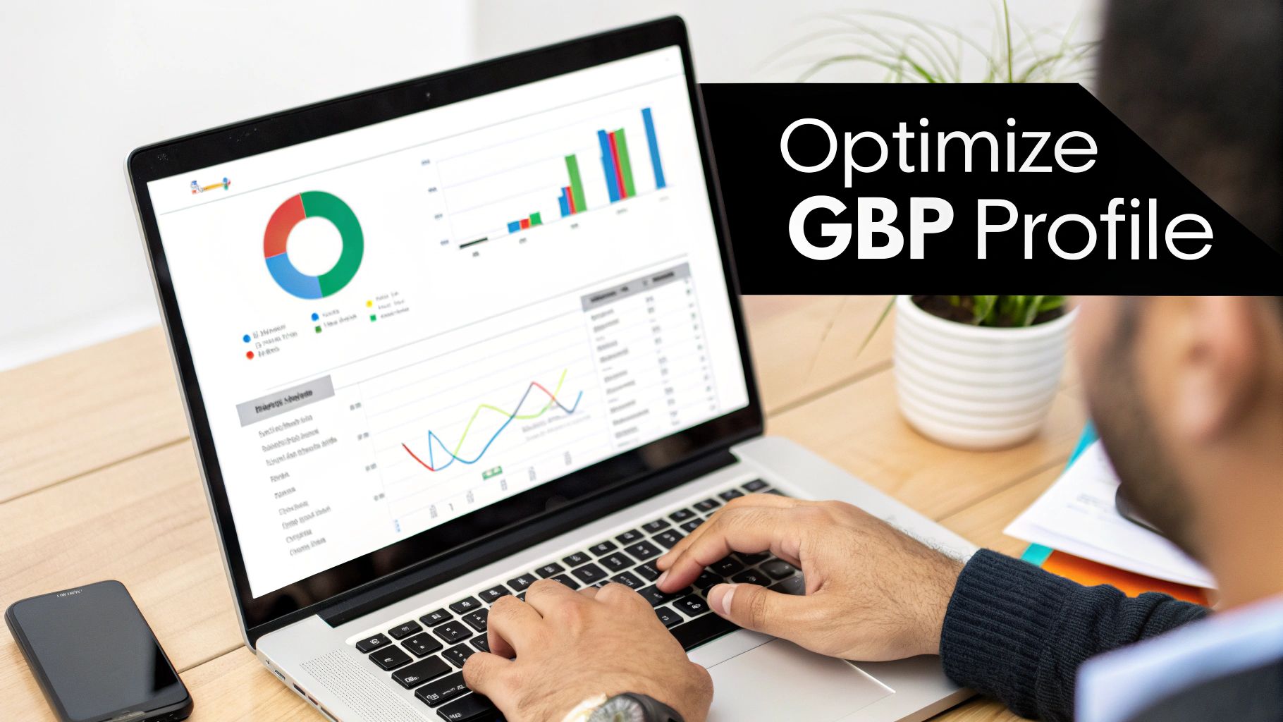 Man optimizing Google Business Profile on a laptop displaying various business charts and graphs.