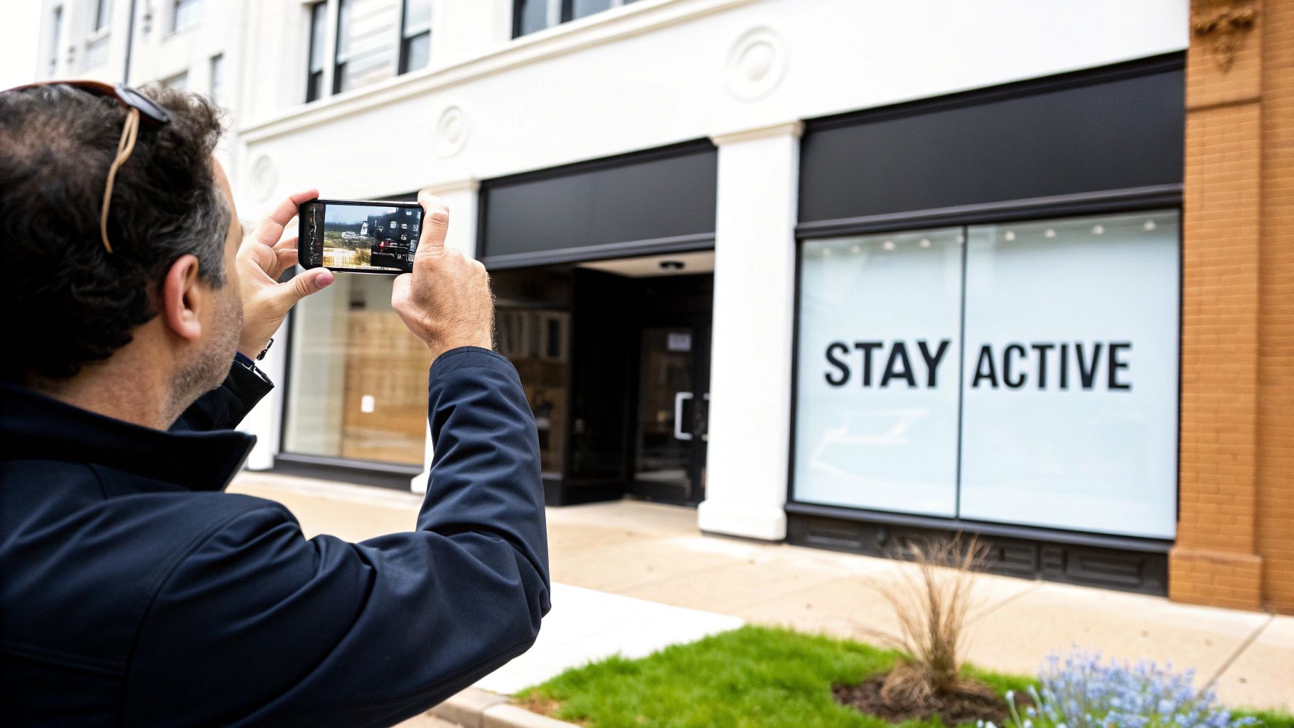 A person holds a smartphone horizontally, capturing an image of a storefront with a "STAY ACTIVE" sign.