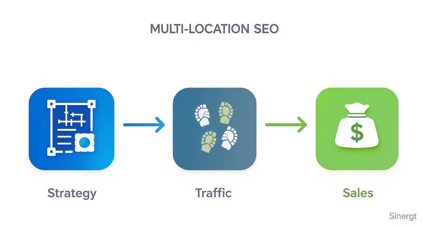 A flowchart showing the multi-location SEO process with icons: Strategy (blueprint), Traffic (footprints), and Sales (money bag).