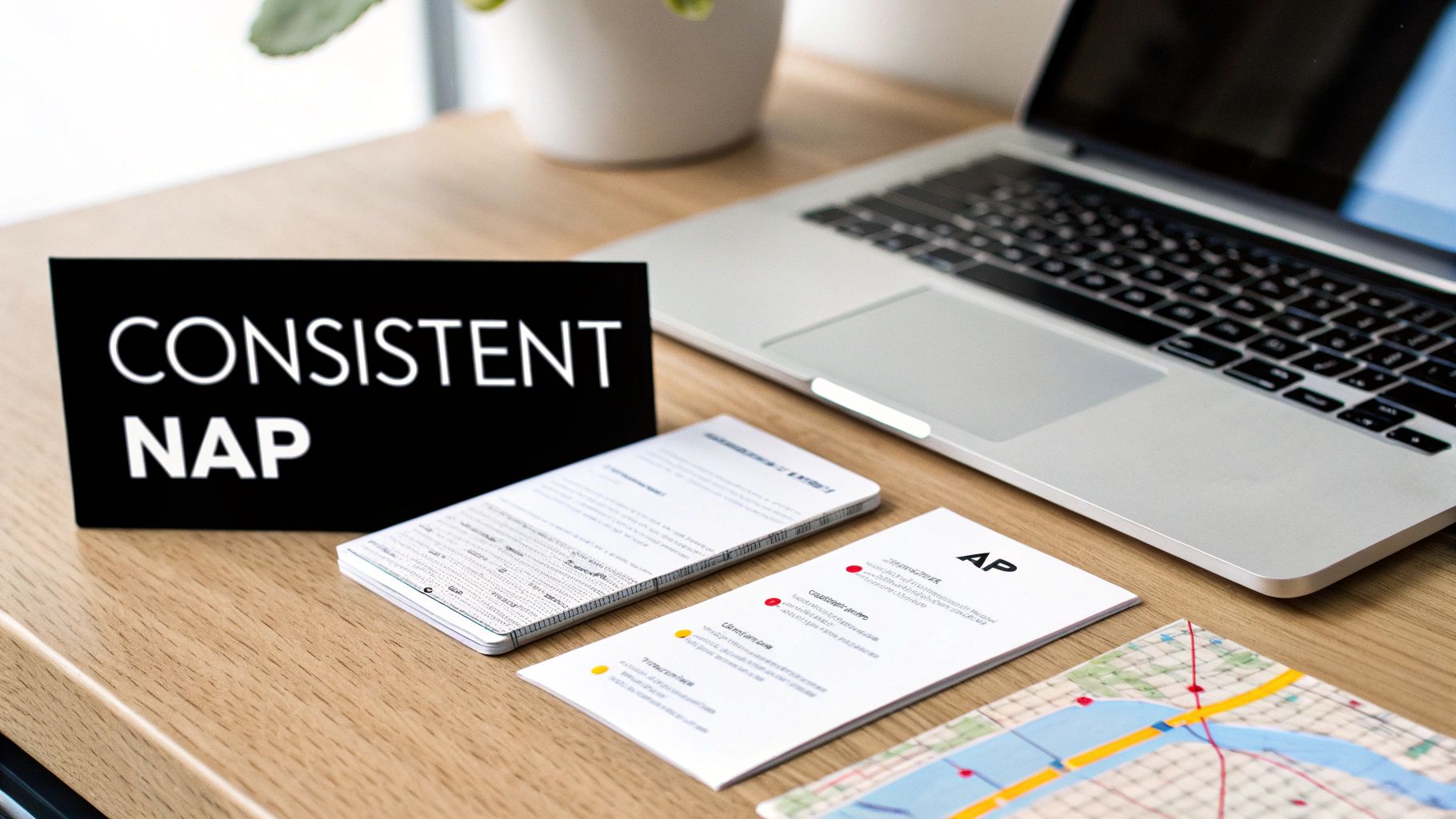 A wooden desk with a laptop, 'CONSISTENT NAP' sign, documents, and a map.