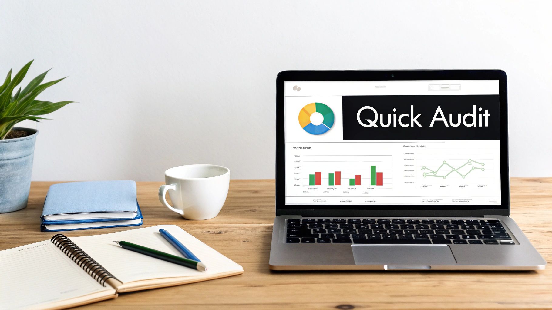 A laptop displaying a 'Quick Audit' screen with charts, alongside notebooks, a cup, and a plant on a wooden desk.
