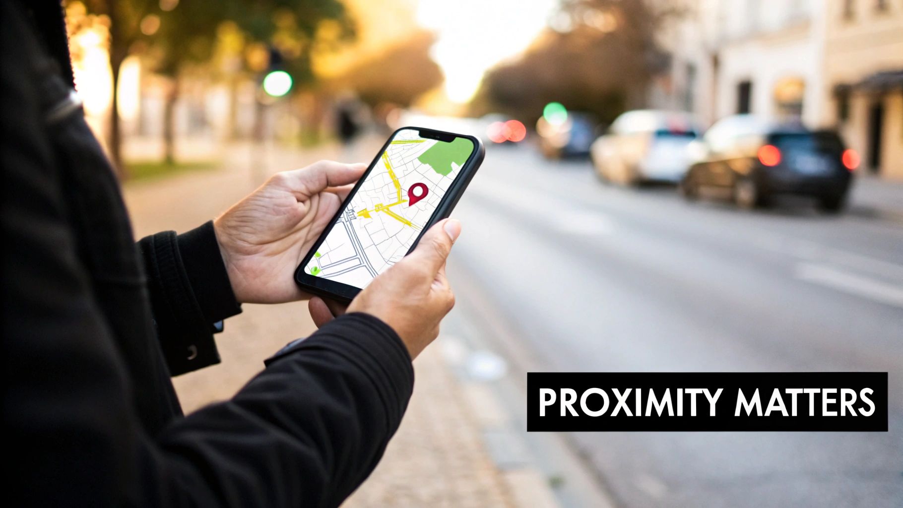 Person holding a smartphone showing a map with a location pin; 'PROXIMITY MATTERS' text overlay.
