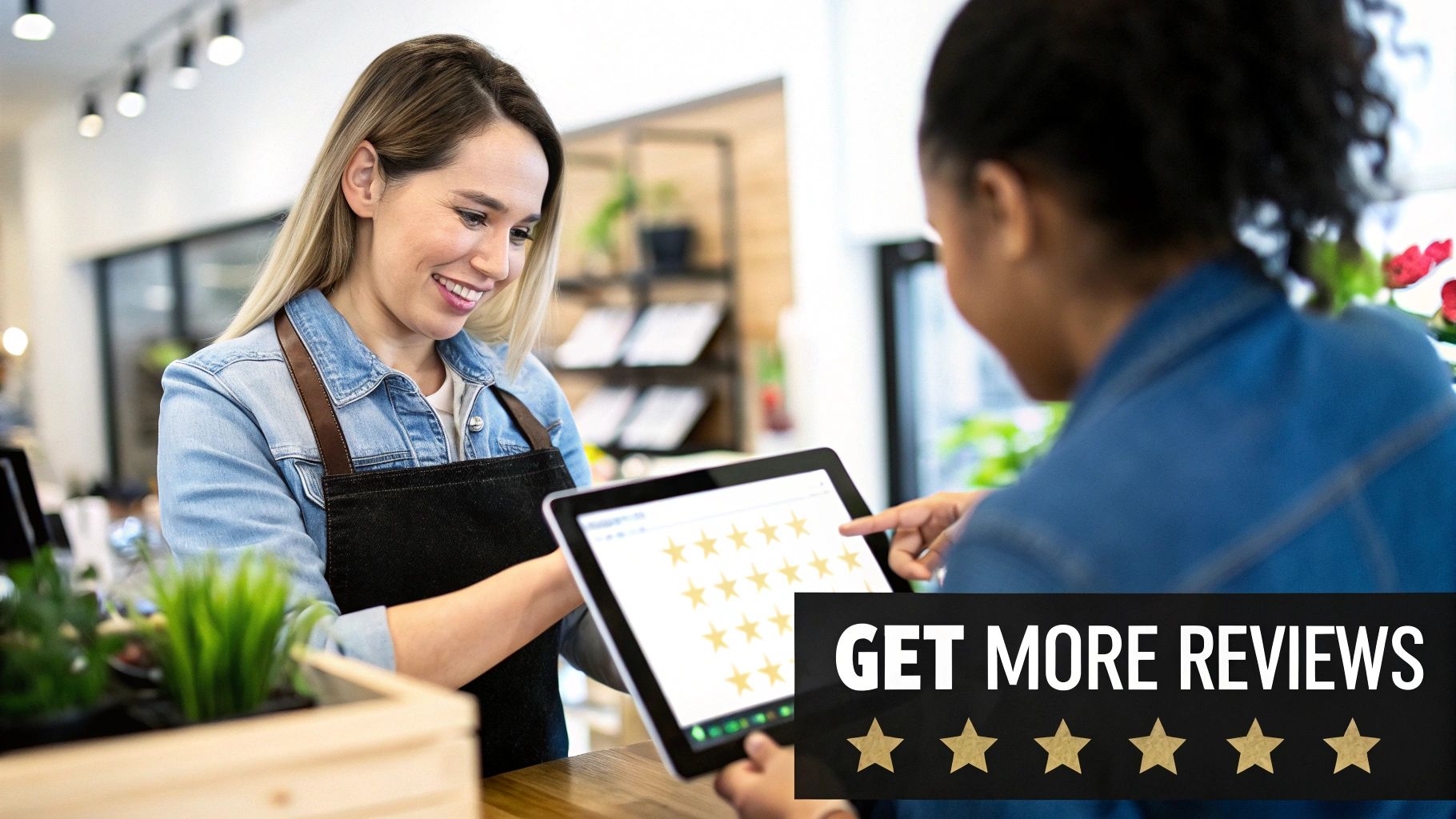 A smiling store employee shows a customer a tablet displaying five-star reviews, encouraging more feedback.